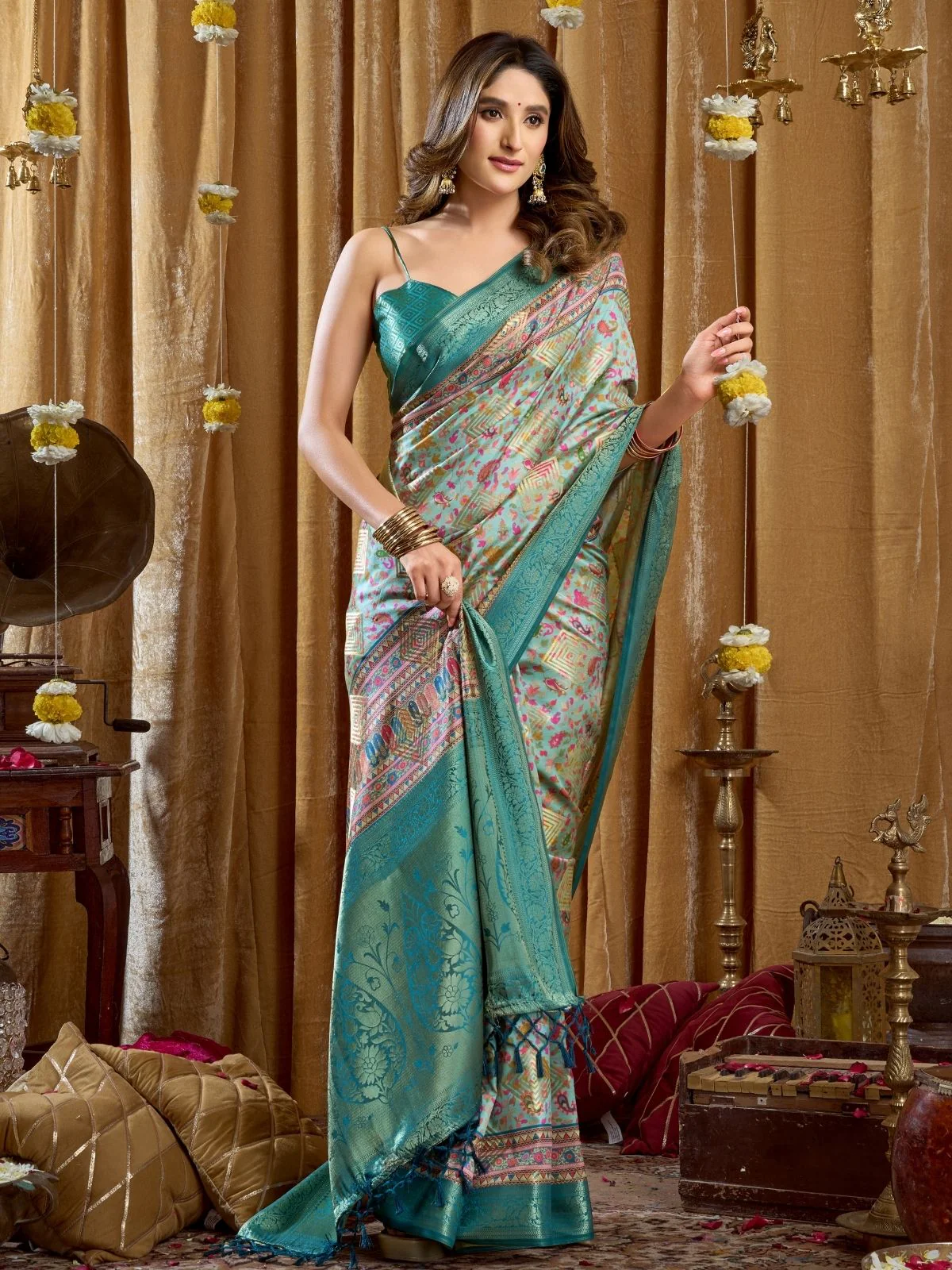 Odette Multicolour Silk Blend Printed Banarasi Saree For Women - Image 2