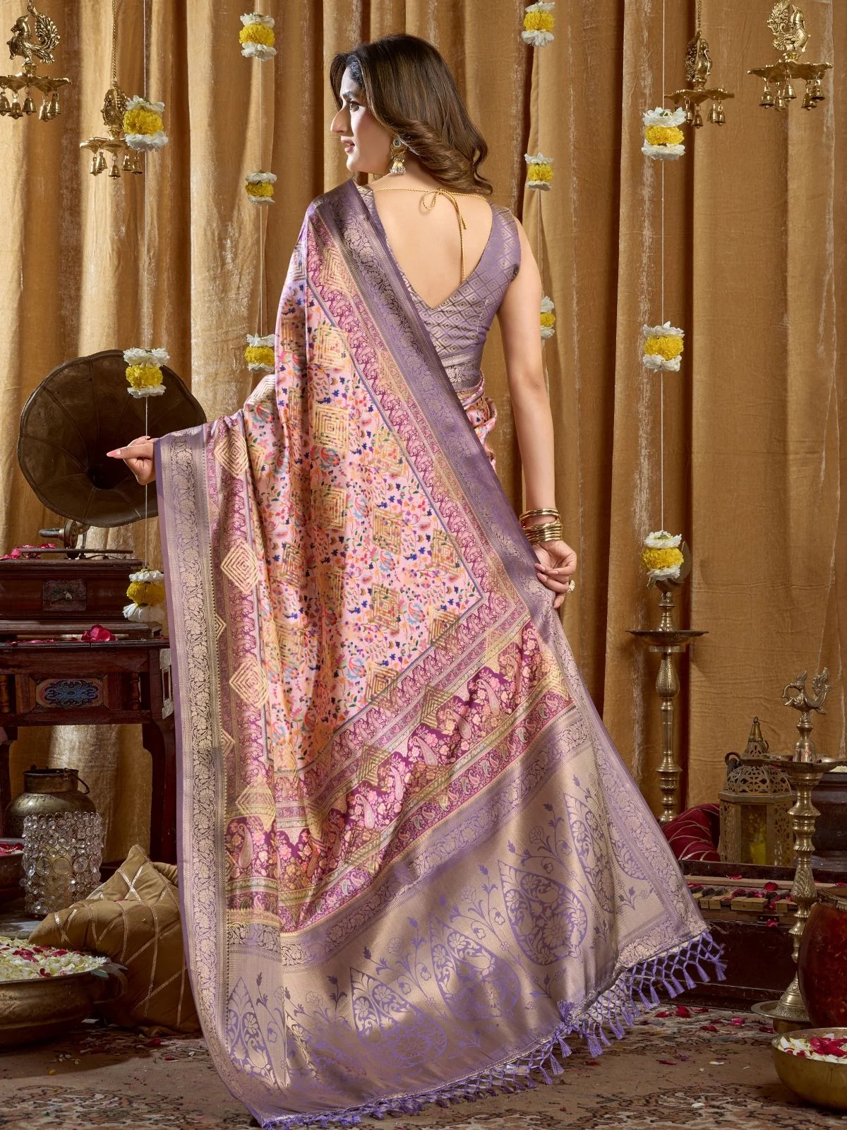 Odette Multicolour Silk Blend Printed Banarasi Saree For Women - Image 4