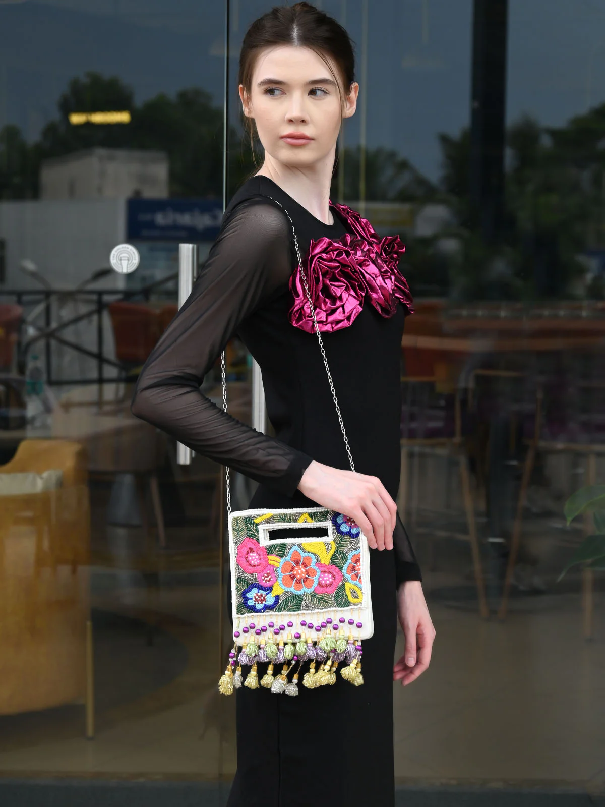 Odette Multicolour Suede Embellished Clutch For Women - Image 2