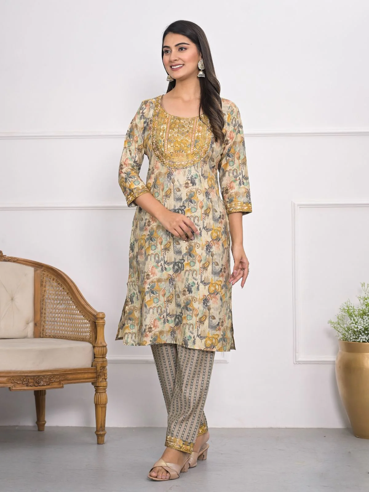 Odette Mustard and grey Chanderi Embroidered And Printed Stitched Kurta Set Without Dupatta For Women - Image 2