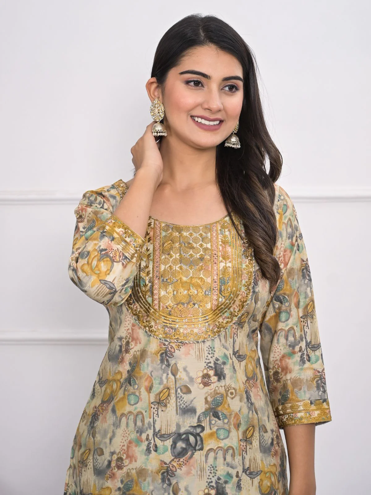 Odette Mustard and grey Chanderi Embroidered And Printed Stitched Kurta Set Without Dupatta For Women - Image 3