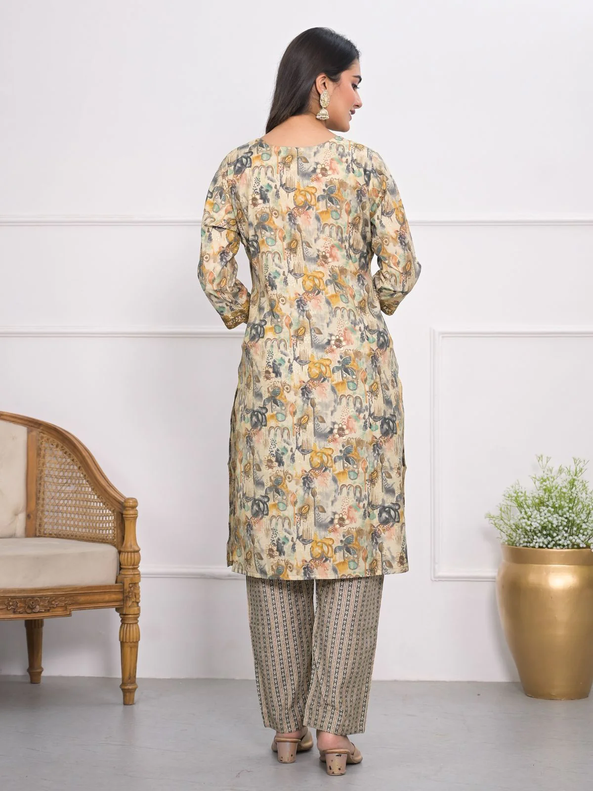 Odette Mustard and grey Chanderi Embroidered And Printed Stitched Kurta Set Without Dupatta For Women - Image 4