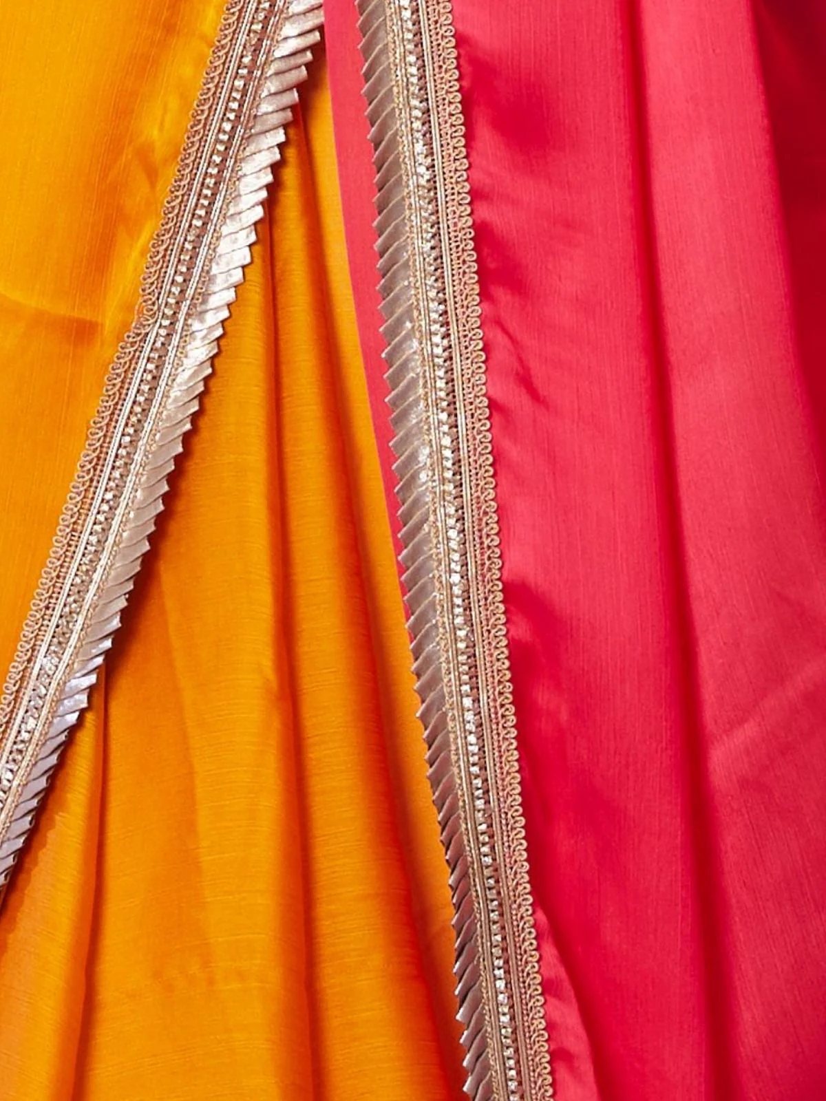 Odette Mustard And Pink Satin Lace Work Saree With Unstitched Blouse For Women - Image 6