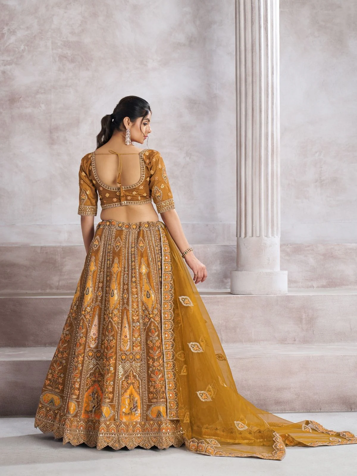 Odette Mustard Banarasi Silk Embroidered Semi-Stitched Lehenga For Women - Image 5