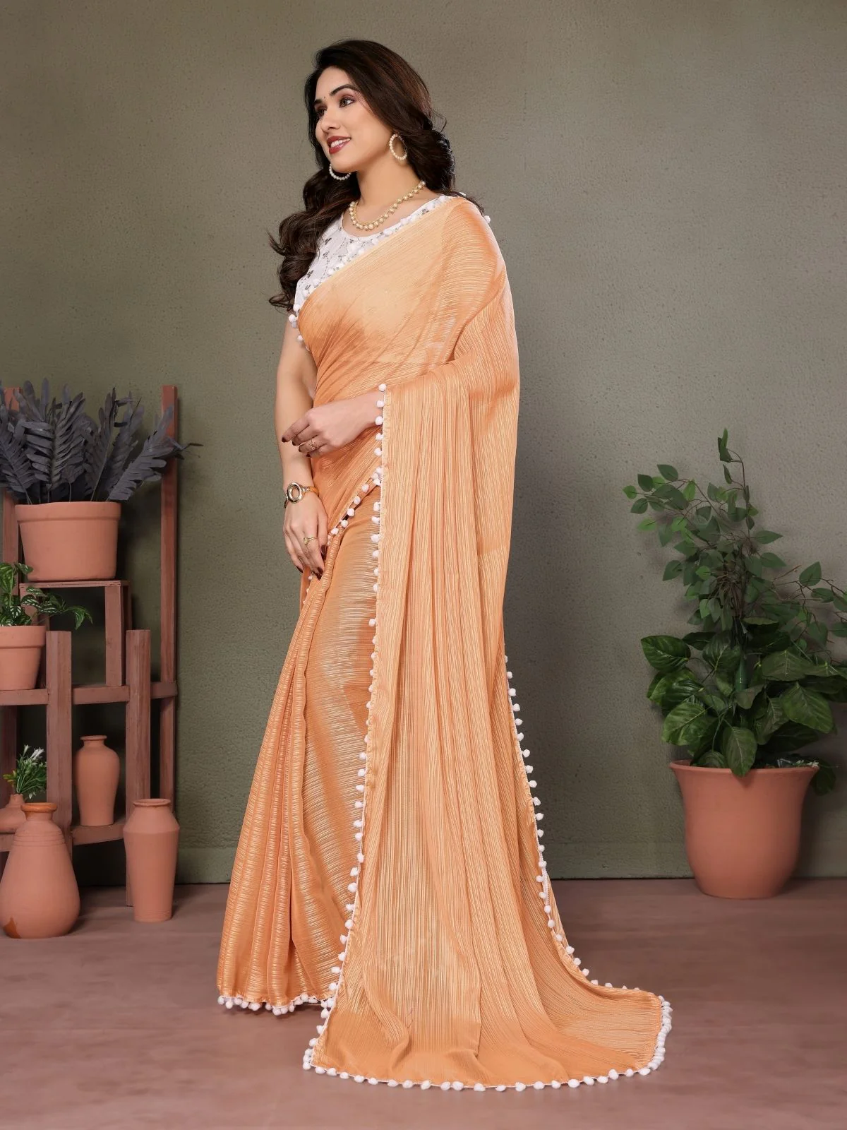 Odette Mustard Banglori Lace Work Saree With Unstitched Blouse For Women - Image 2