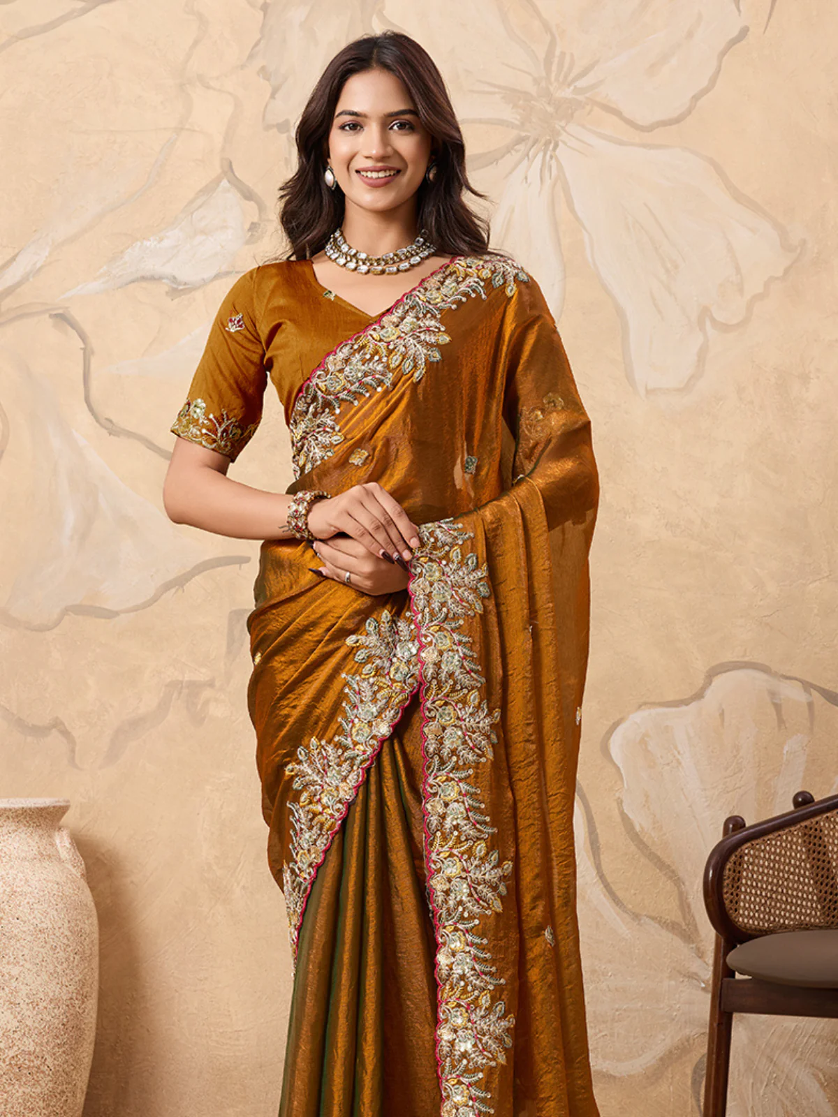 Odette Mustard Brown Chiffon Embroidered Saree For Women - Image 4