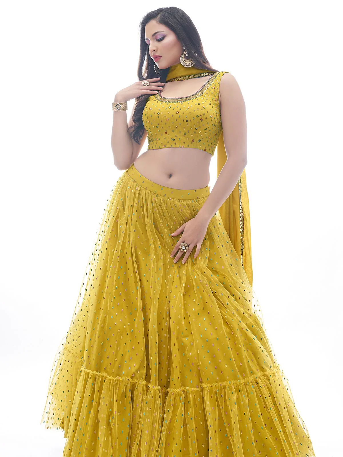 Odette Mustard Chinon Embellished Stitched Lehenga With Stitched Blouse For Women - Image 2