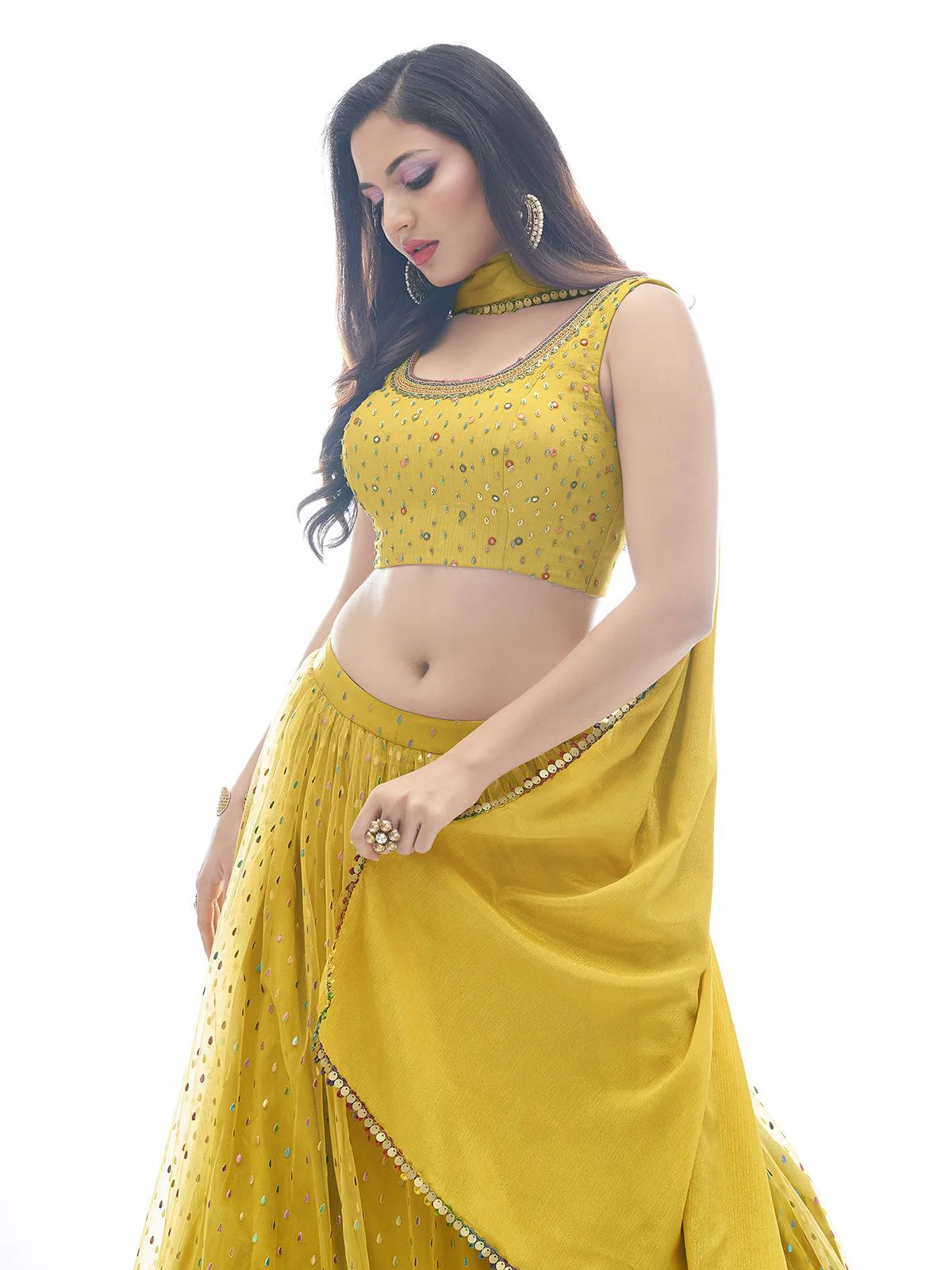 Odette Mustard Chinon Embellished Stitched Lehenga With Stitched Blouse For Women - Image 3