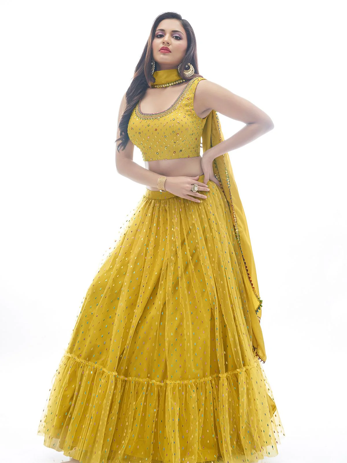 Odette Mustard Chinon Embellished Stitched Lehenga With Stitched Blouse For Women - Image 4