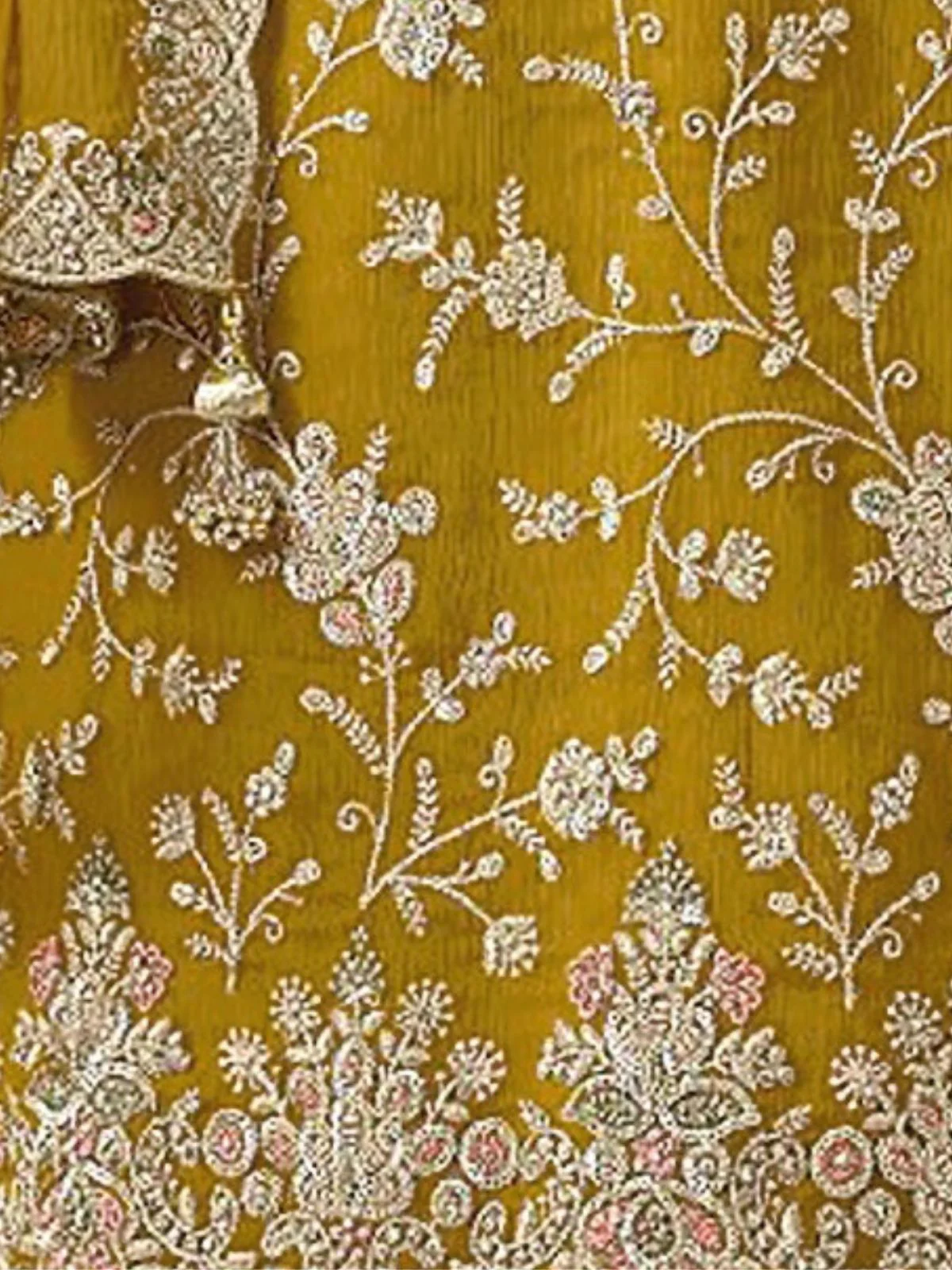 Odette Mustard Chinon Embroidered Semi-Stitched Kurta Set For Women - Image 3