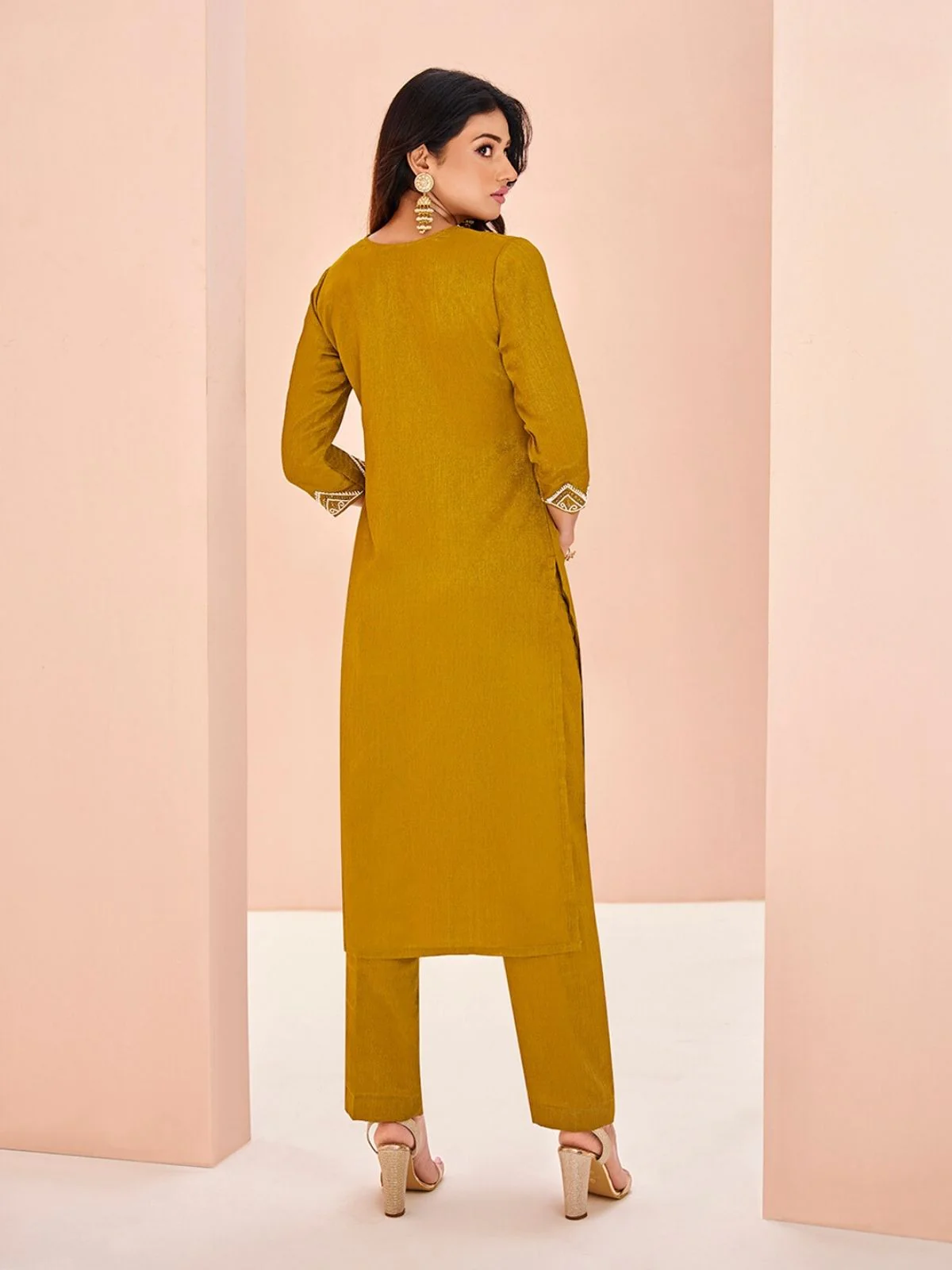 Odette Mustard Chinon Embroidered Stitched Kurta Set For Women - Image 3