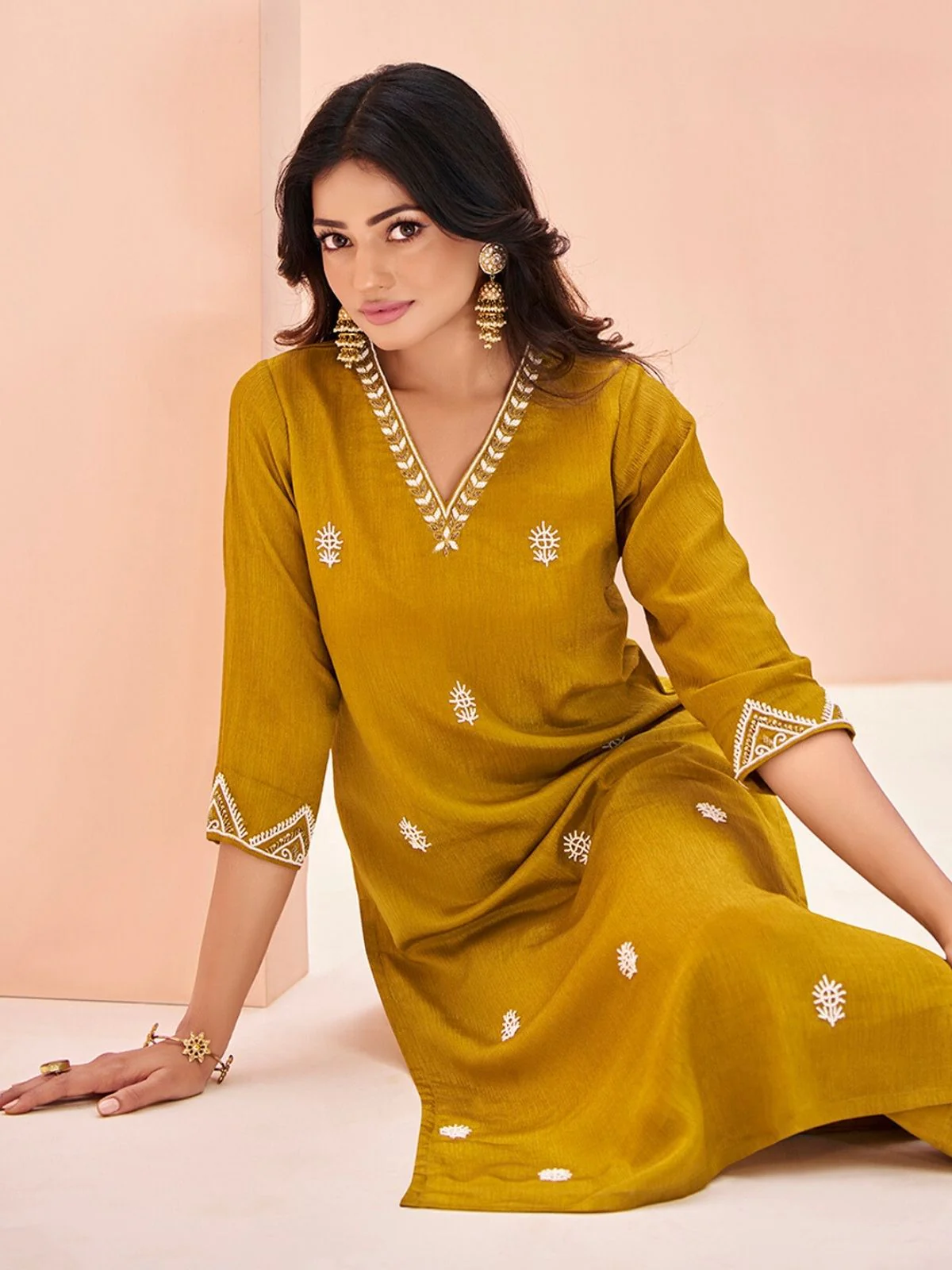 Odette Mustard Chinon Embroidered Stitched Kurta Set For Women - Image 4