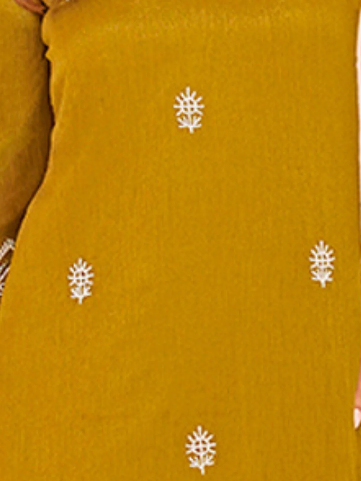 Odette Mustard Chinon Embroidered Stitched Kurta Set For Women - Image 7