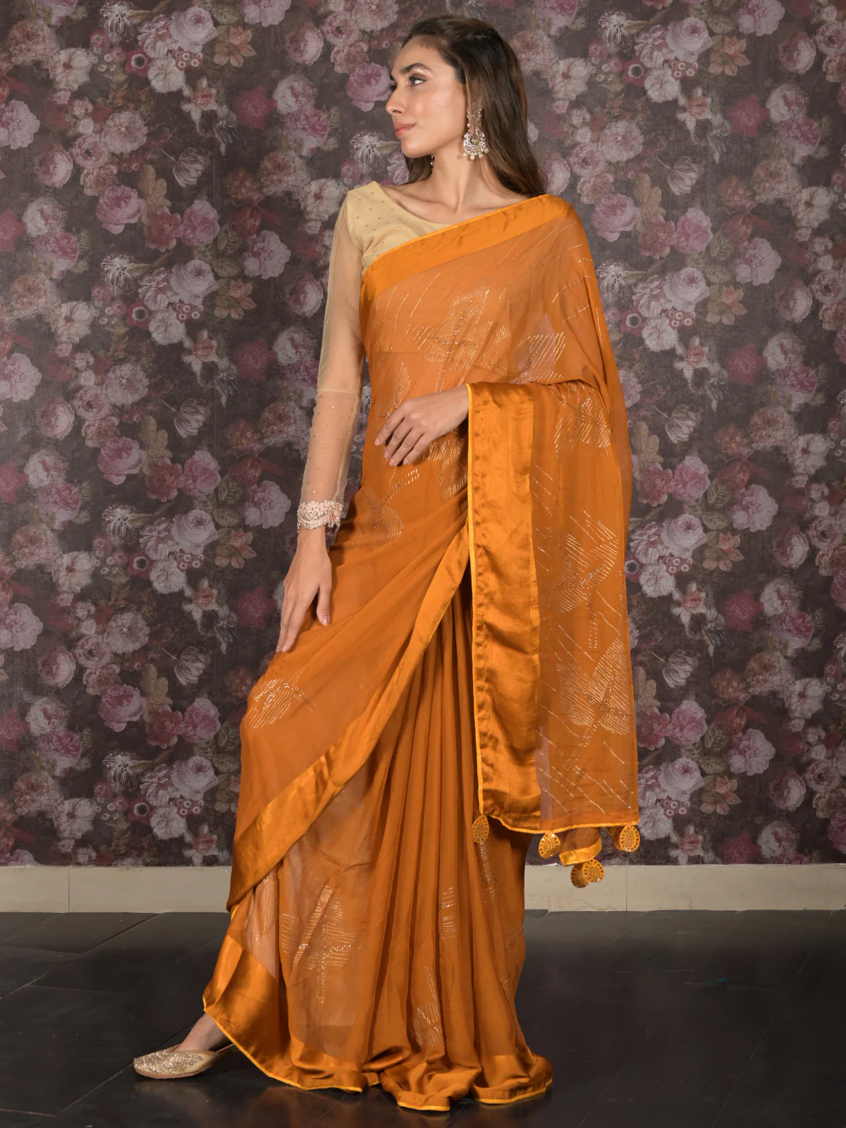 Odette Mustard Embellished Chiffon Saree with Unstitched Blouse for Women - Image 2