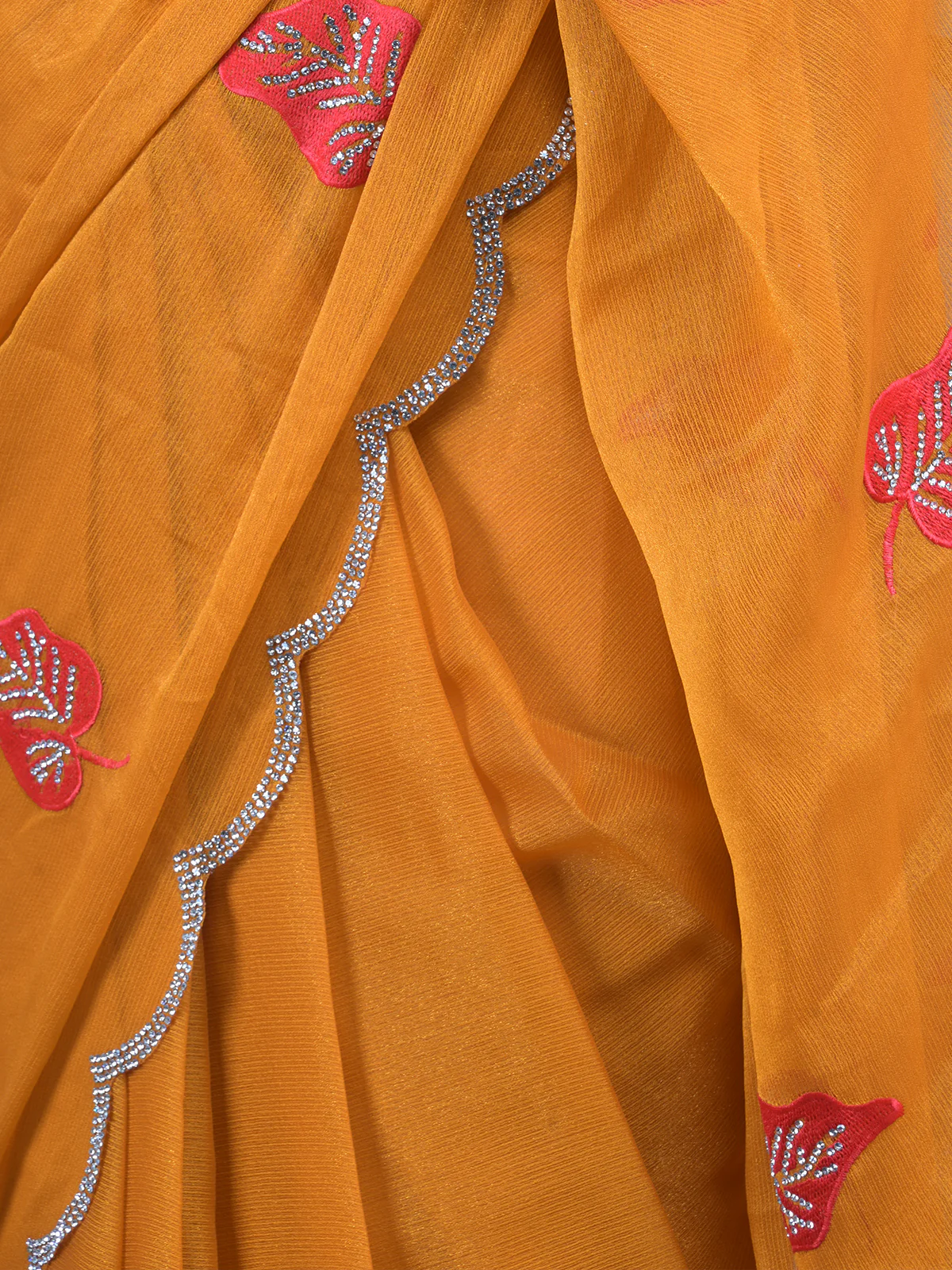 Odette Mustard Embroidered Chiffon Silk Saree with Unstitched Blouse for Women - Image 5