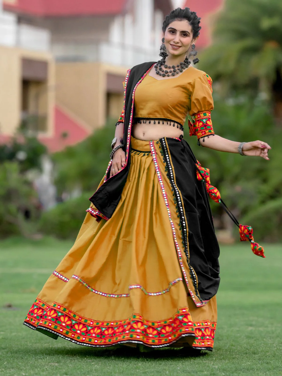 Odette Mustard Embroidered Cotton Semi Stitched Lehenga With Unstitched Blouse For Women - Image 3