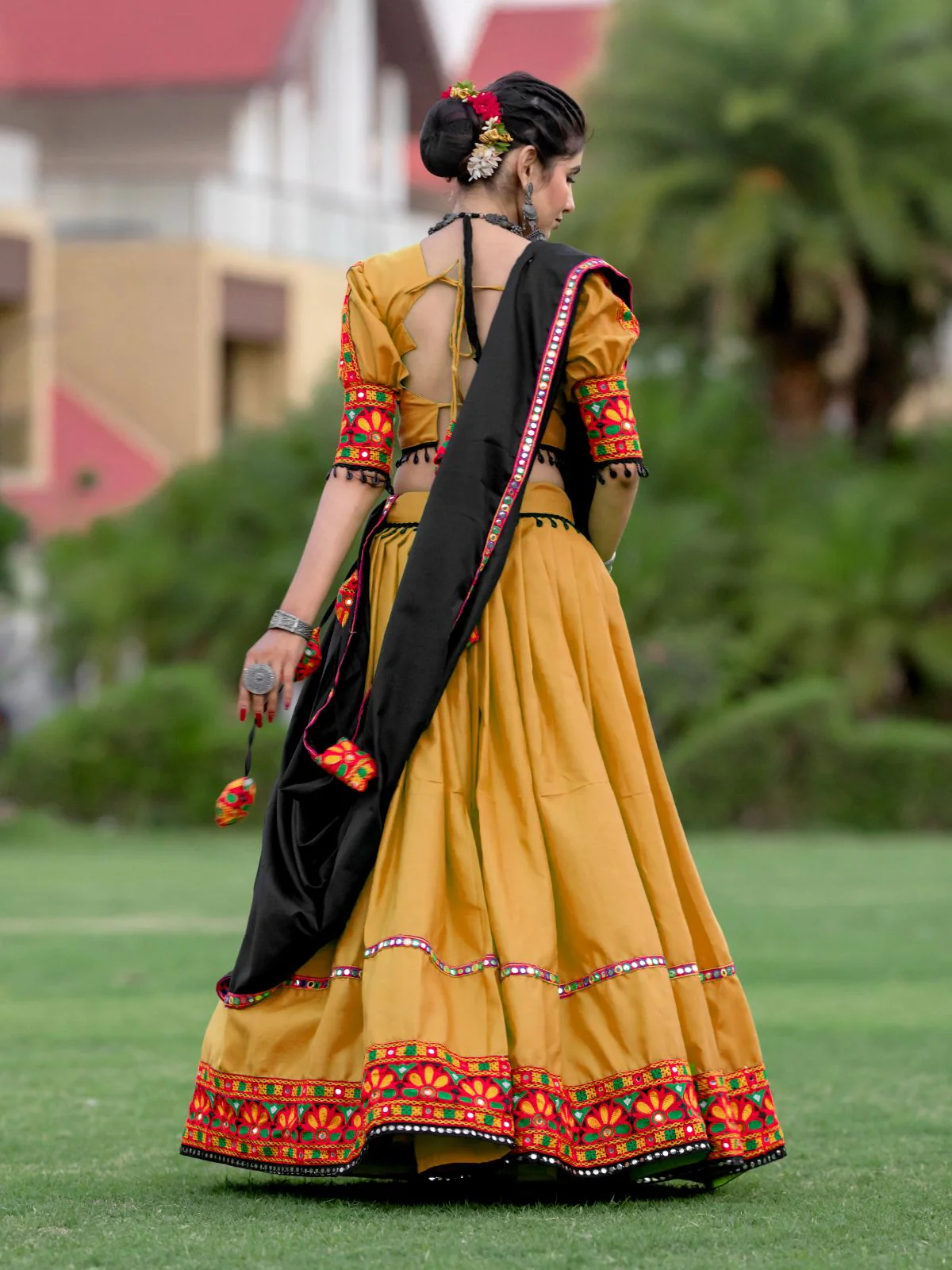 Odette Mustard Embroidered Cotton Semi Stitched Lehenga With Unstitched Blouse For Women - Image 5