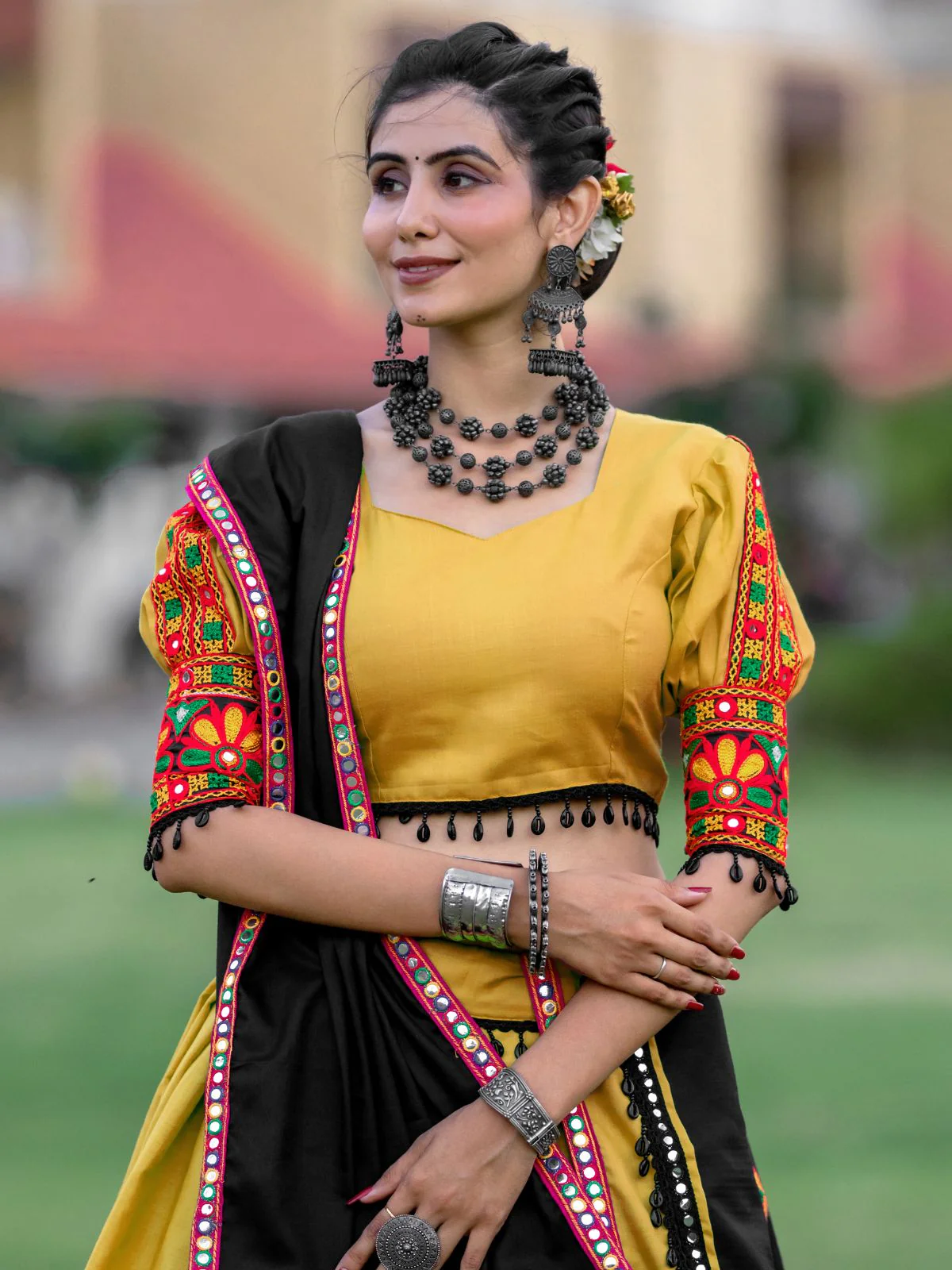 Odette Mustard Embroidered Cotton Semi Stitched Lehenga With Unstitched Blouse For Women - Image 7
