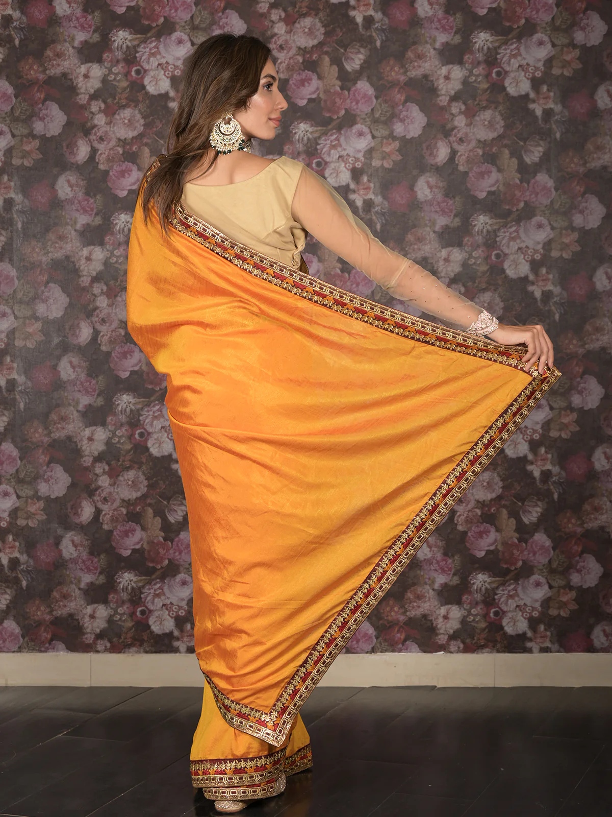 Odette Mustard Embroidered Crepe Saree without Blouse for Women - Image 3