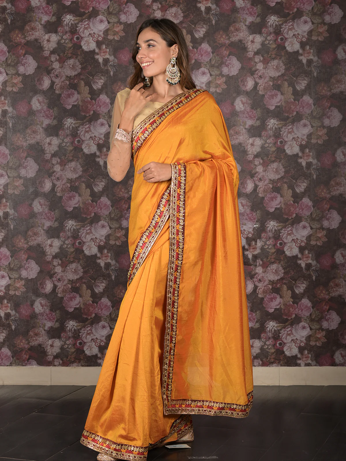 Odette Mustard Embroidered Crepe Saree without Blouse for Women - Image 4