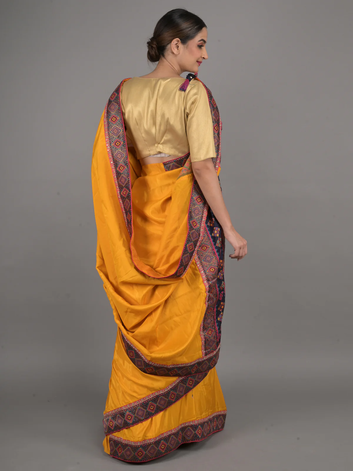 Odette Mustard Embroidered Crepe Silk Saree with Unstitched Blouse for Women - Image 3