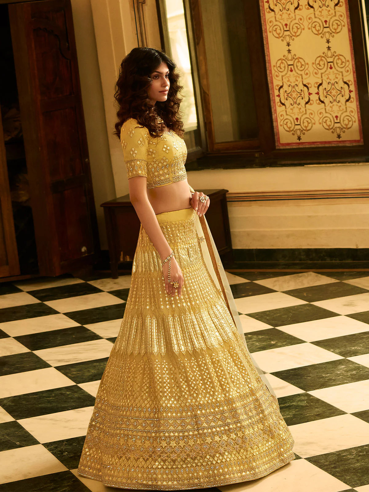 Odette Mustard Embroidered Organza Semi Stitched Lehenga With Blouse For Women - Image 2