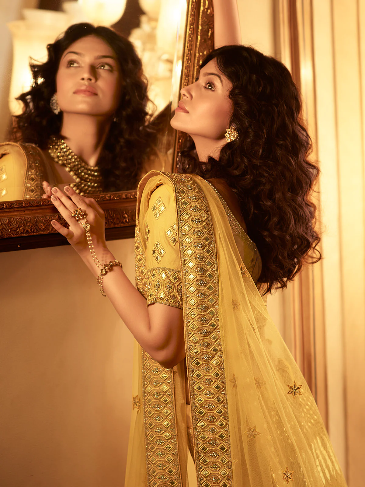 Odette Mustard Embroidered Organza Semi Stitched Lehenga With Blouse For Women - Image 3