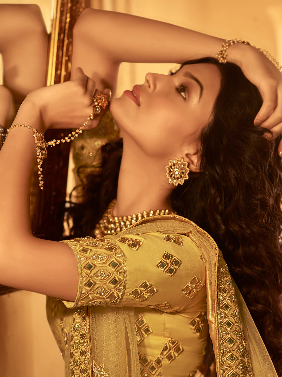 Odette Mustard Embroidered Organza Semi Stitched Lehenga With Blouse For Women - Image 4