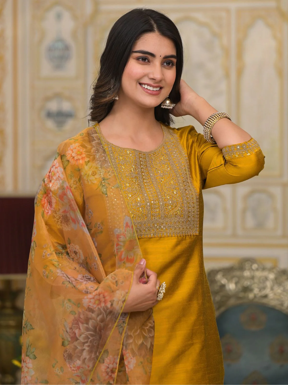 Odette Mustard Embroidered Poly Silk Stitched Kurta Set For Women - Image 3