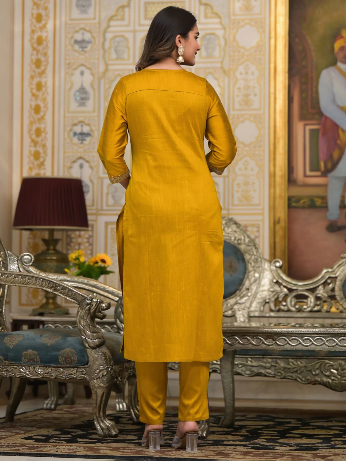 Odette Mustard Embroidered Poly Silk Stitched Kurta Set For Women - Image 4