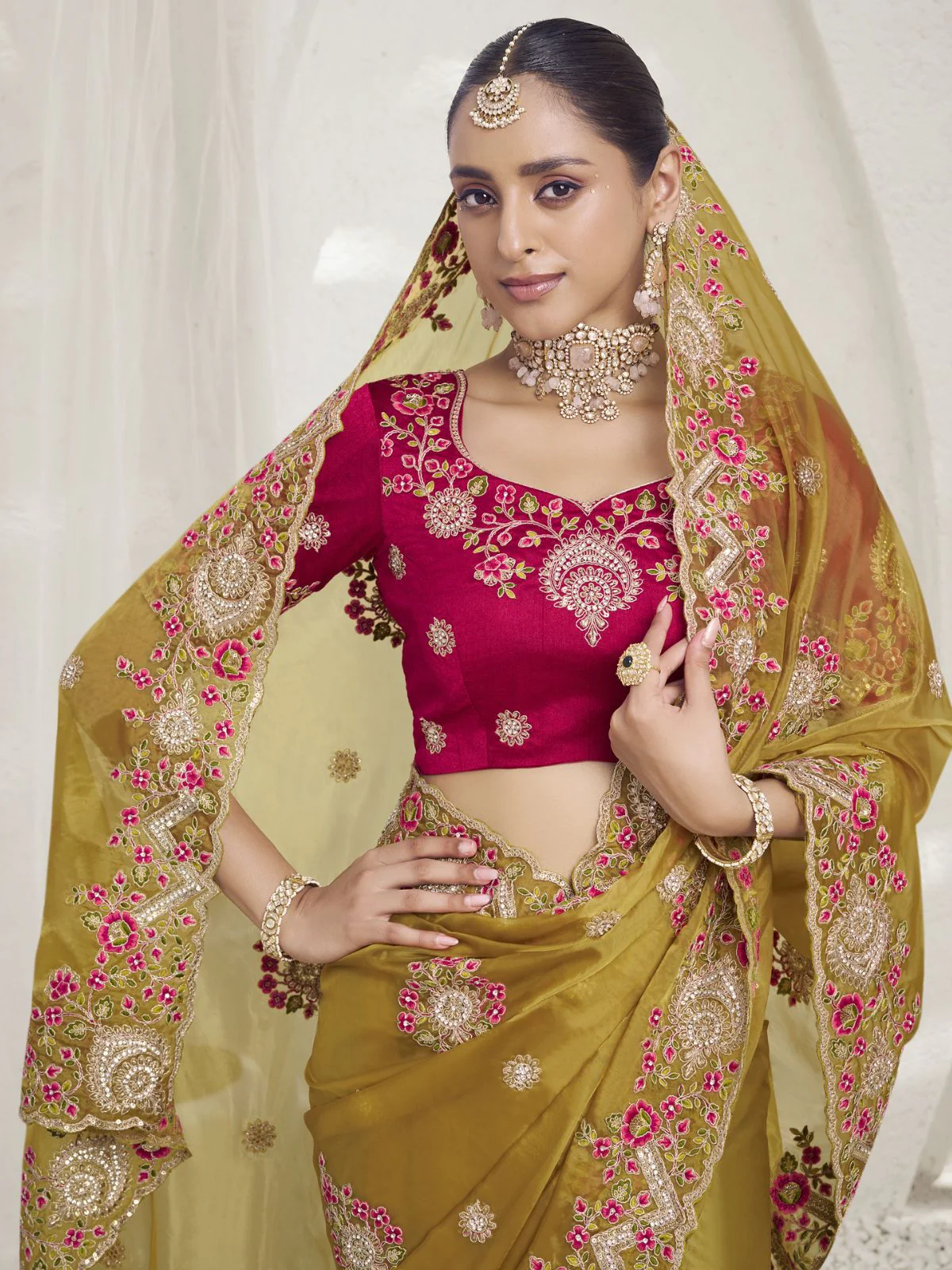Odette Mustard Embroidered Silk Blend Saree With Unstitched Blouse For Women - Image 2
