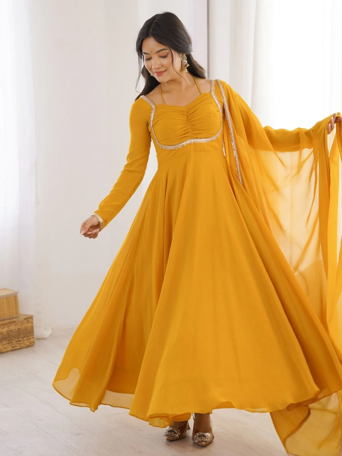 Odette Mustard Georgette Embellished Kurta Set For Women - Image 3