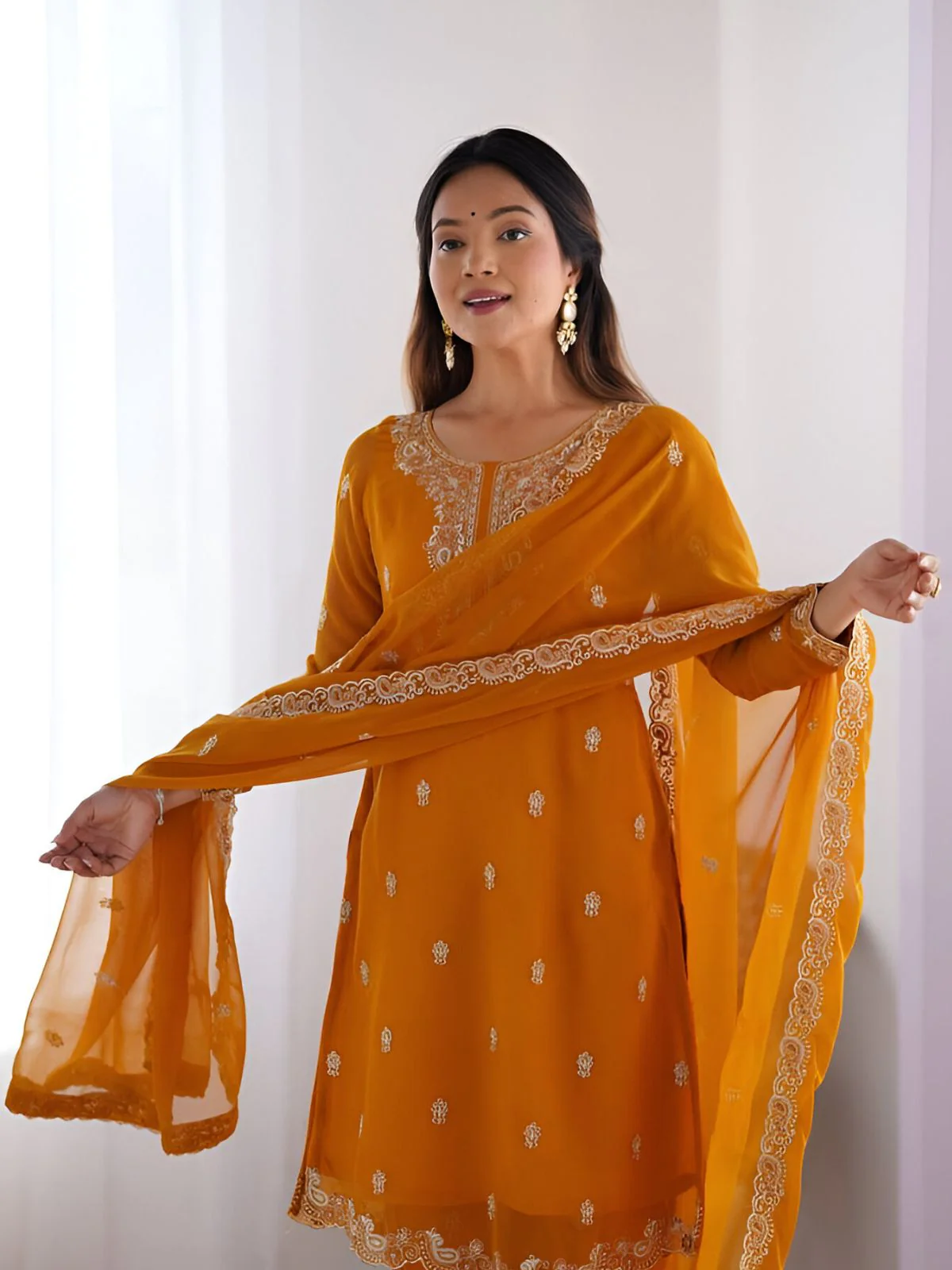 Odette Mustard Georgette Embroidered & Cutwork Kurta Set For Women - Image 3