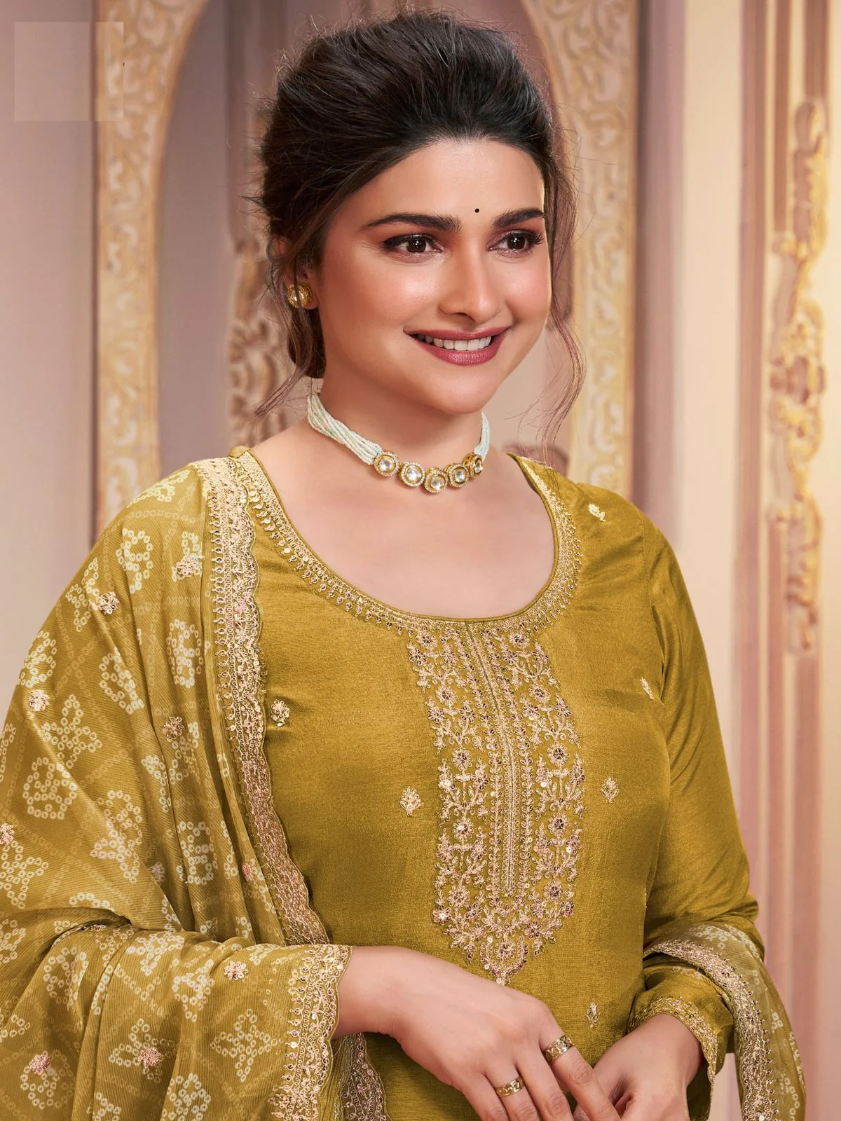 Odette Mustard Georgette Embroidered Semi-Stitched Kurta Set For Women - Image 2