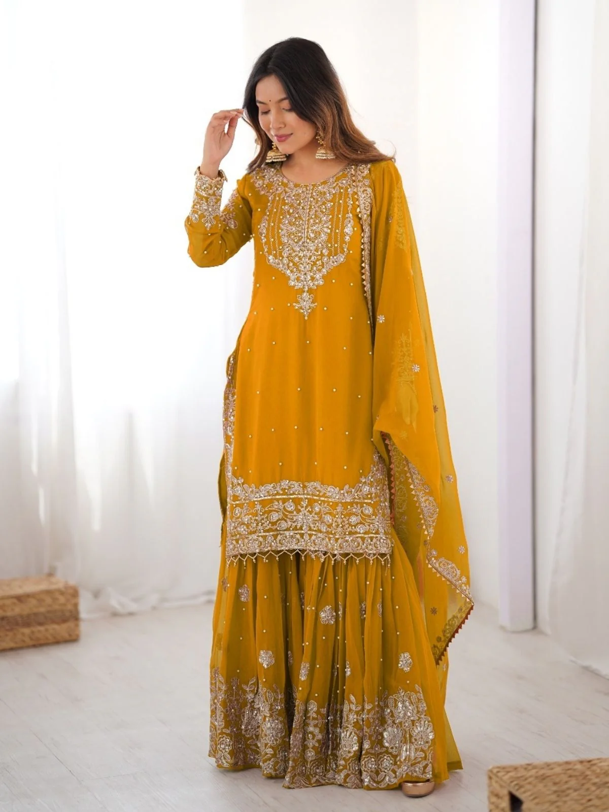 Odette Mustard Georgette Embroidered Stitched Kurta Set For Women - Image 3