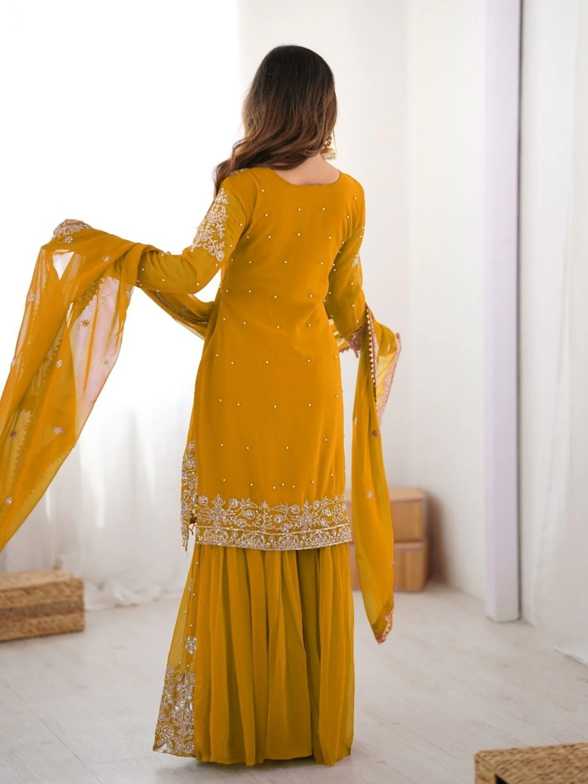 Odette Mustard Georgette Embroidered Stitched Kurta Set For Women - Image 5