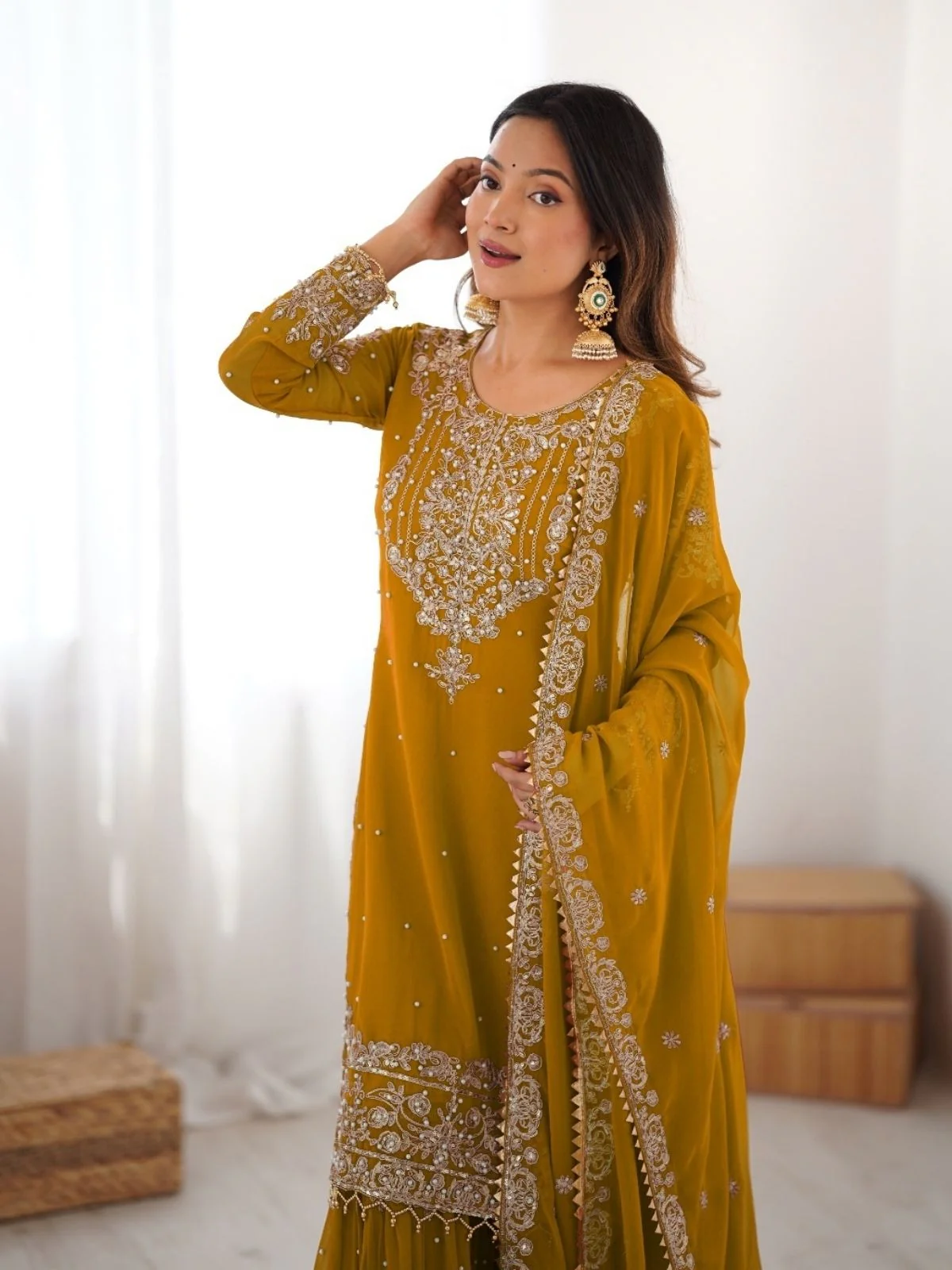 Odette Mustard Georgette Embroidered Stitched Kurta Set For Women - Image 6