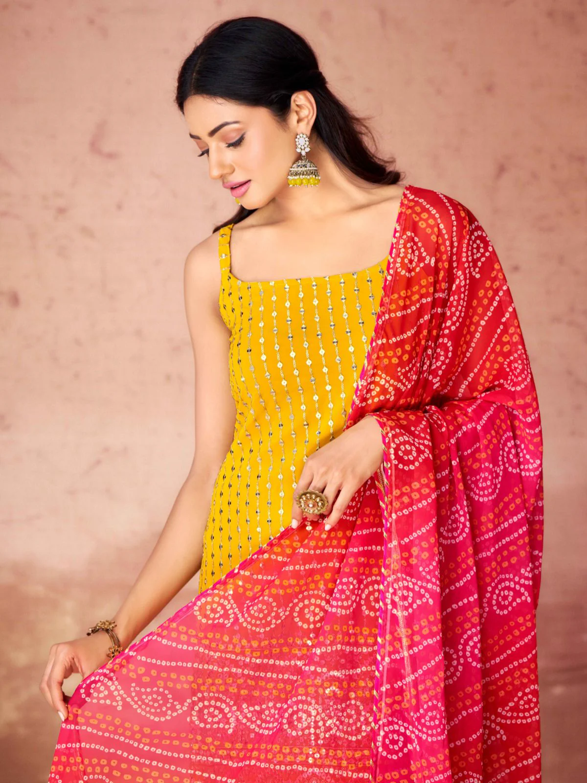 Odette Yellow Georgette Embroidered Stitched Kurta Set For Women - Image 4