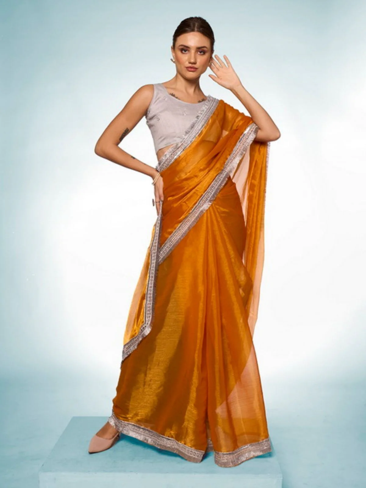 Odette Mustard Georgette Lace Work Saree With Unstitched Blouse For Women - Image 2