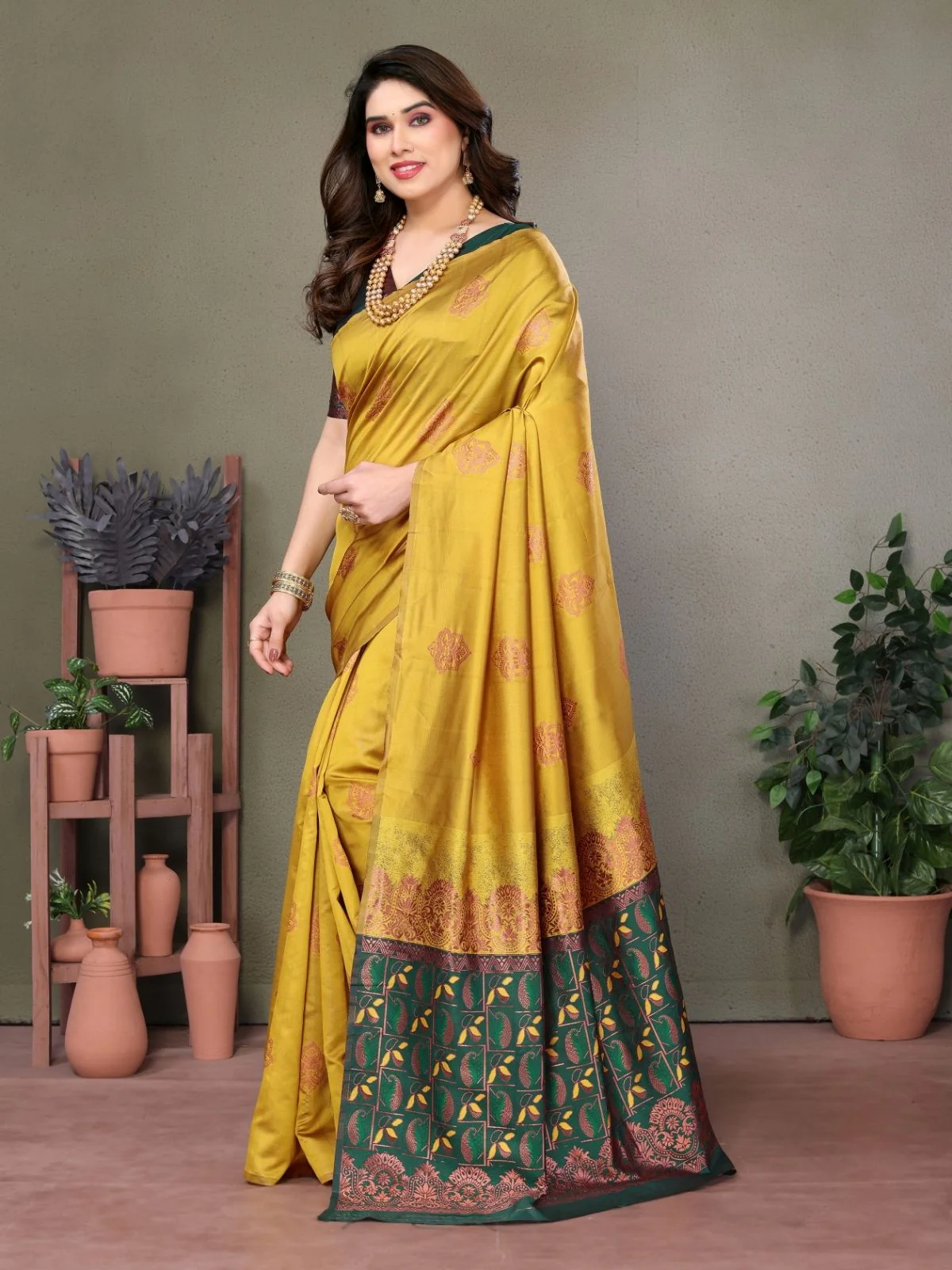 Odette Mustard Georgette Motif Print Saree For Women - Image 2