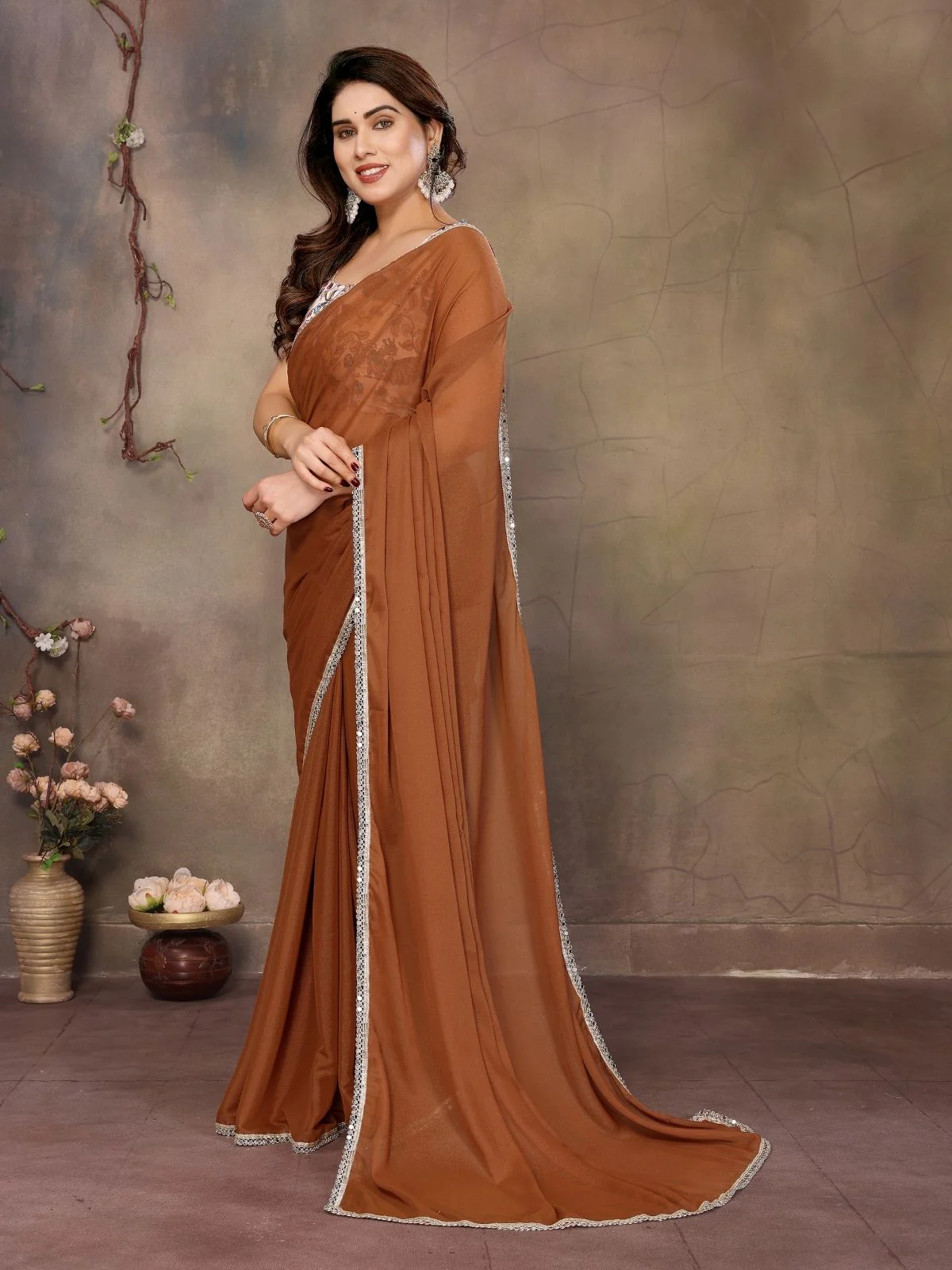 Odette Mustard Georgette Solid Saree For Women - Image 2