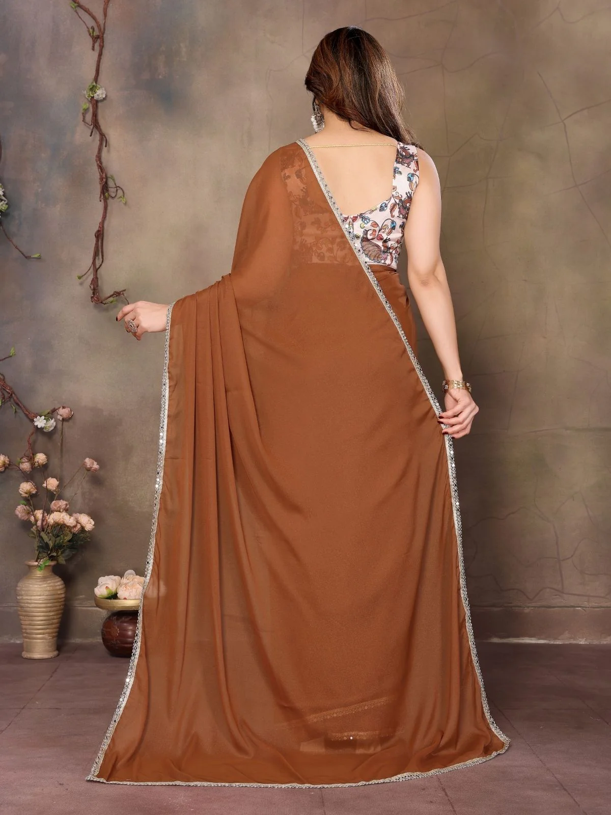 Odette Mustard Georgette Solid Saree For Women - Image 3