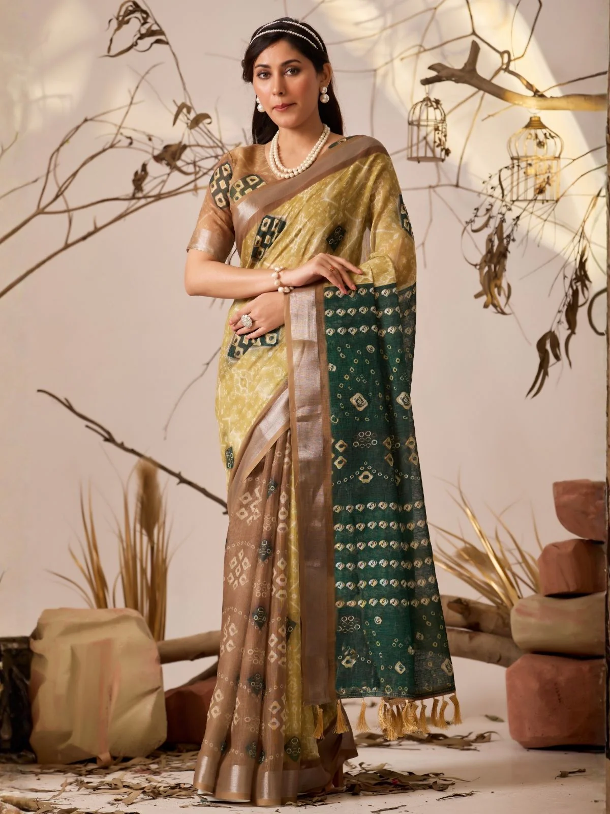 Odette Mustard Linen Cotton Printed Saree For Women - Image 2