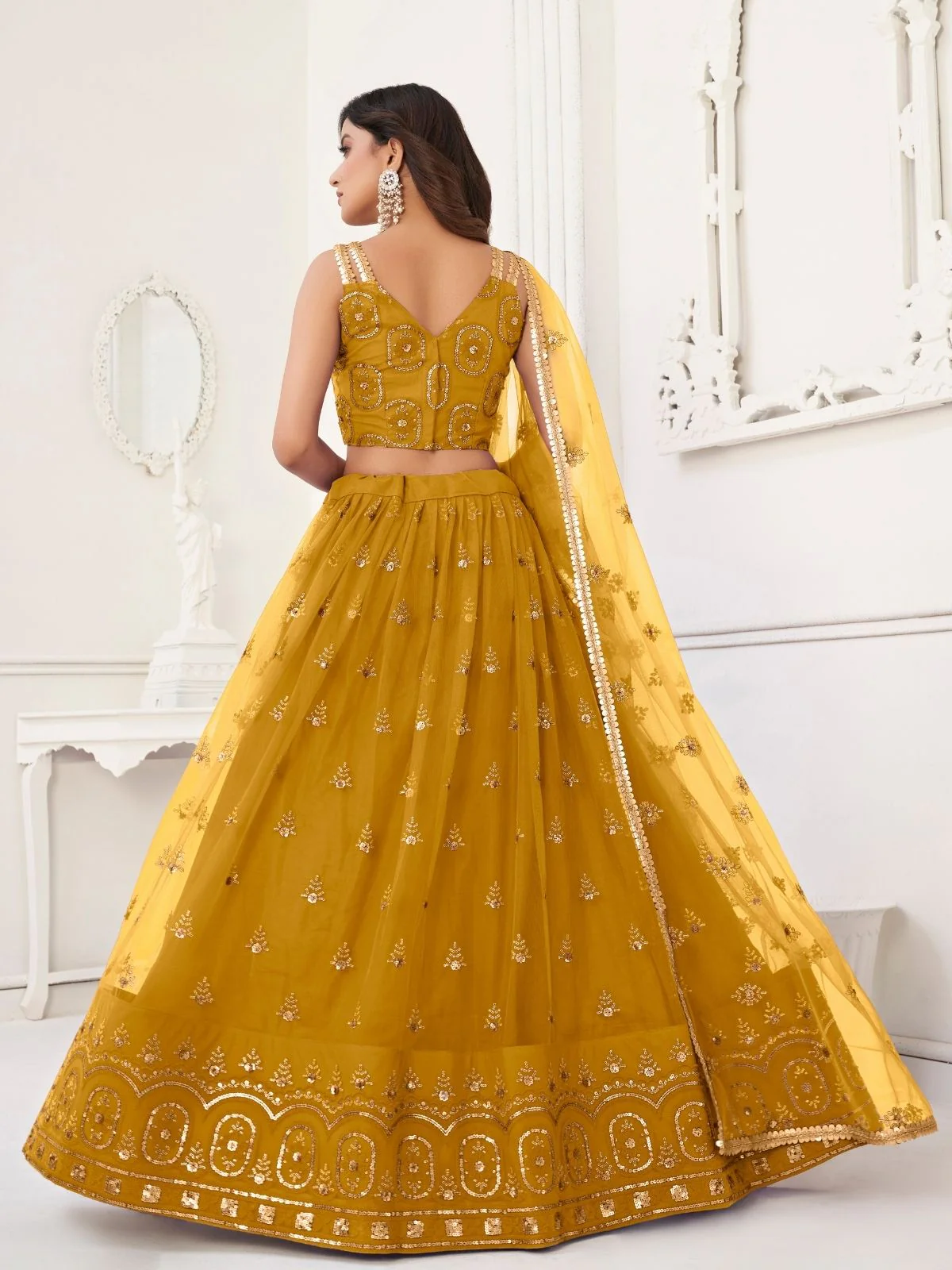 Odette Mustard Net Embroidered Semi Stitched Lehenga For Women - Image 3