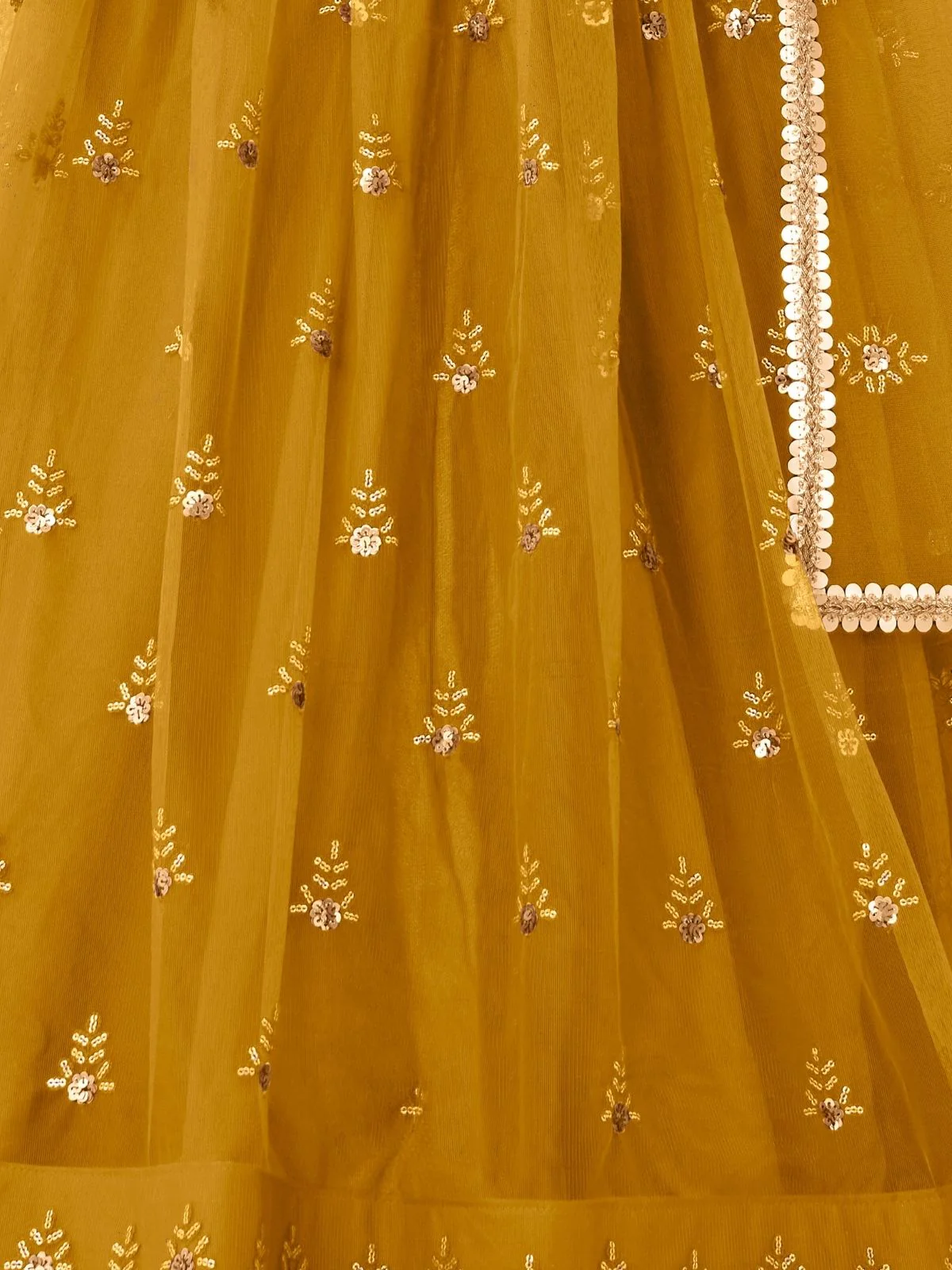 Odette Mustard Net Embroidered Semi Stitched Lehenga For Women - Image 4