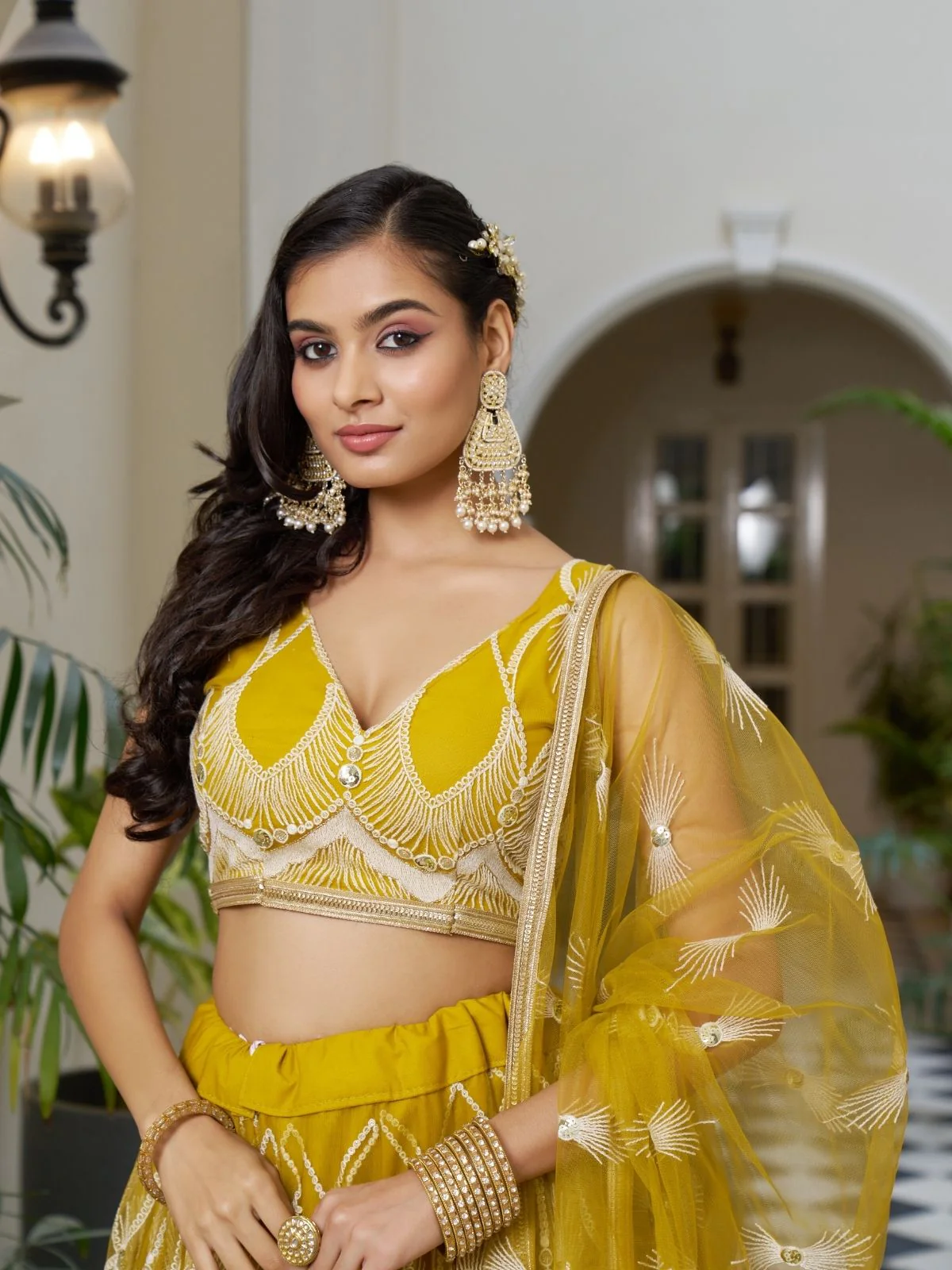 Odette Mustard Net Embroidered Semi Stitched Lehenga For Women - Image 2