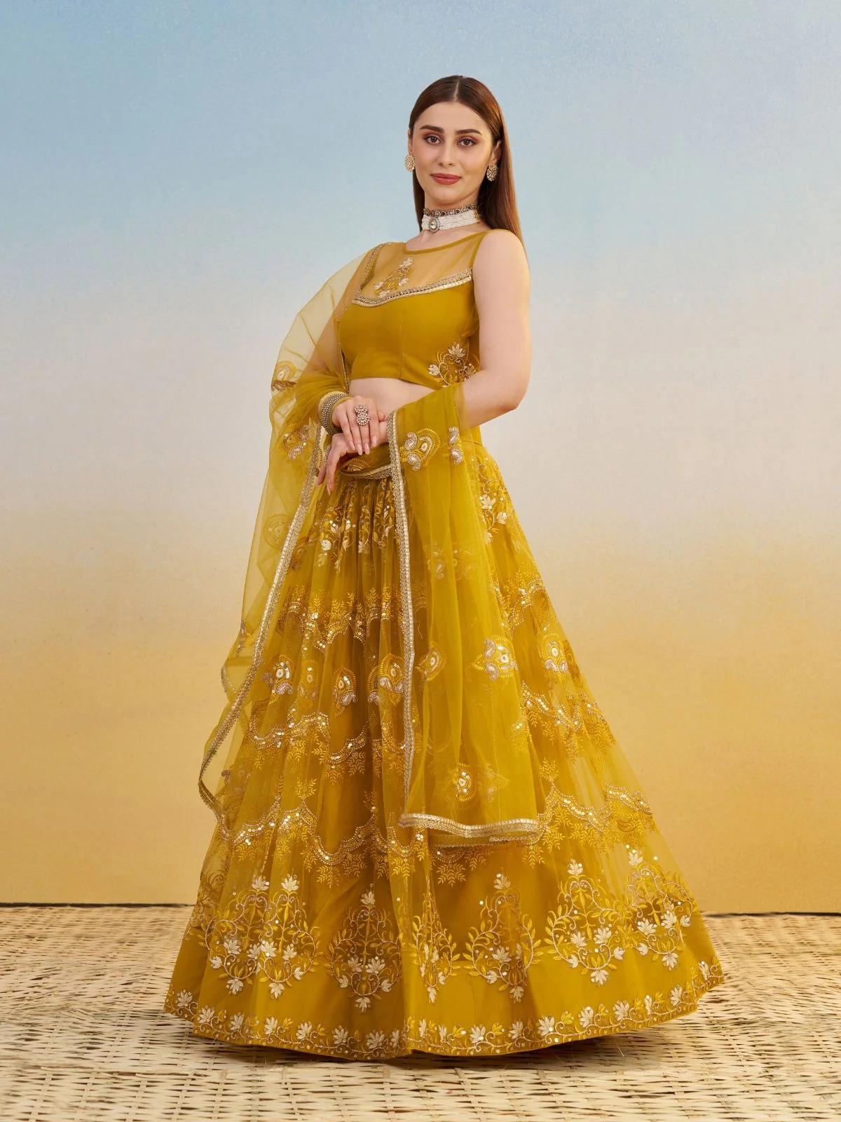Odette Mustard Net Embroidered Semi Stitched Lehenga For Women - Image 2