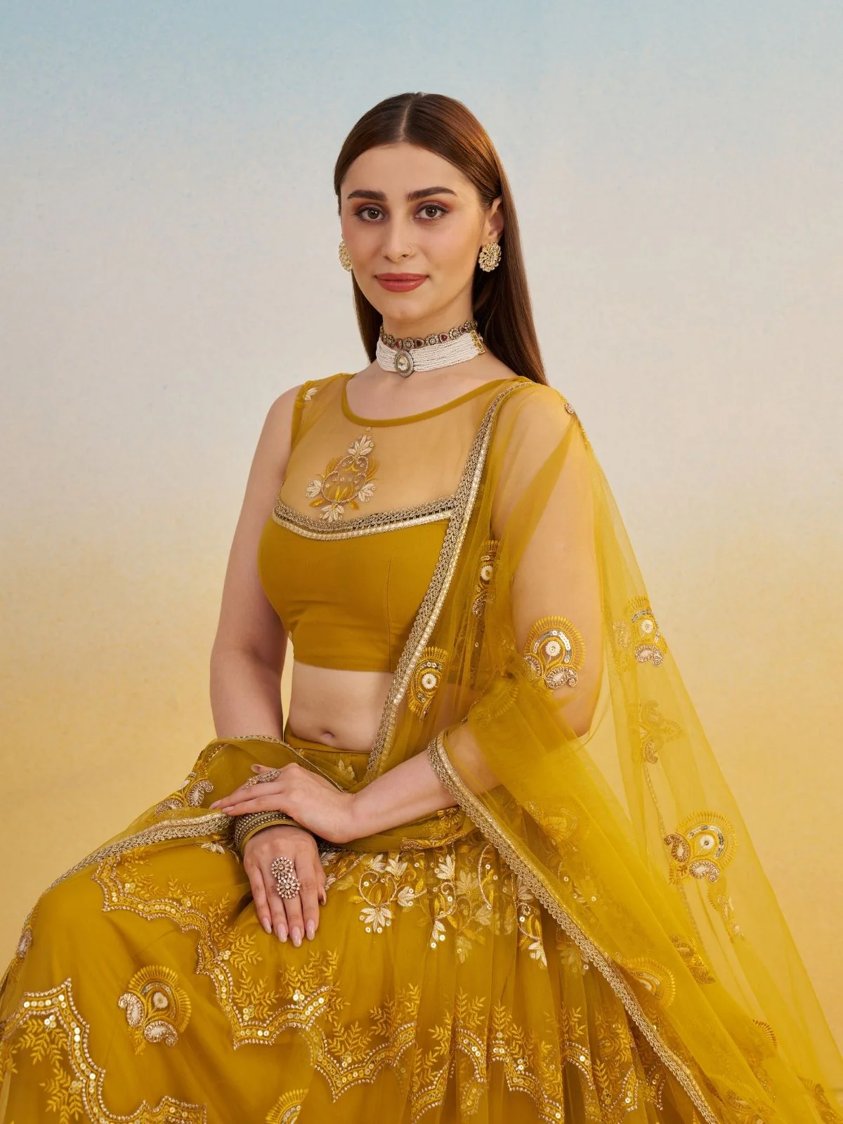 Odette Mustard Net Embroidered Semi Stitched Lehenga For Women - Image 4