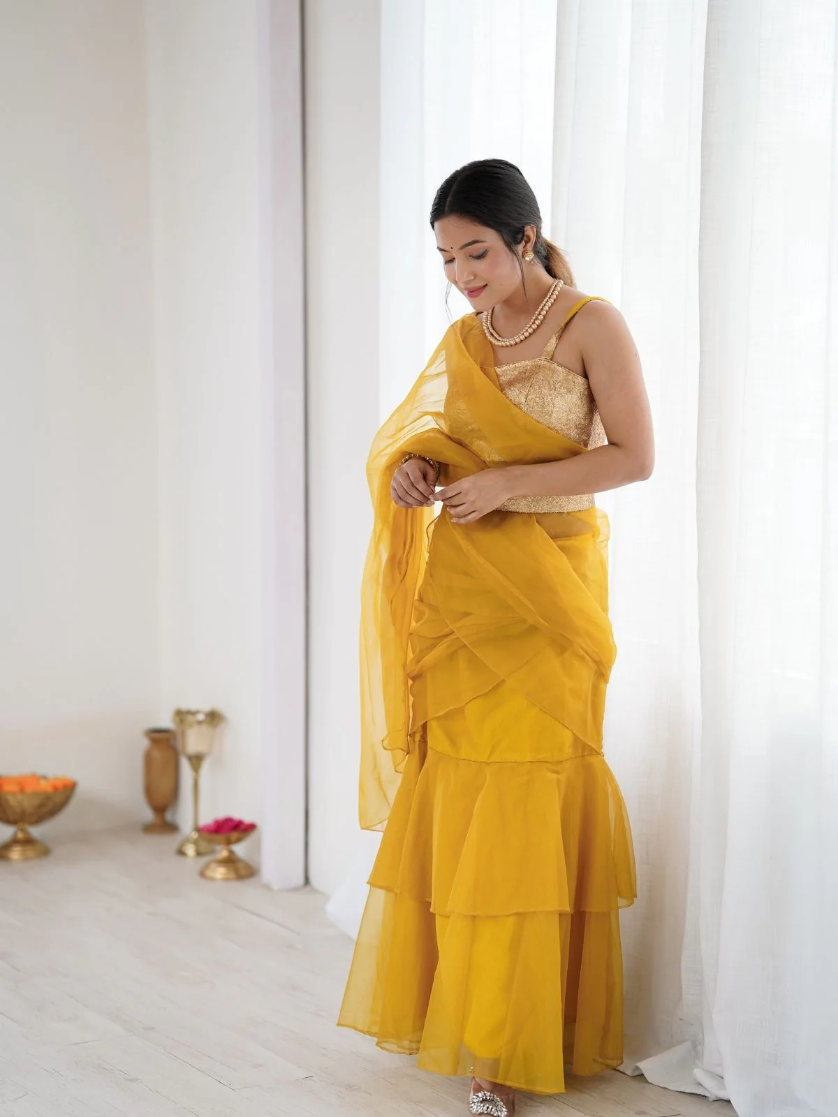 Odette Mustard Organza Designer Stitched Saree For Women - Image 3