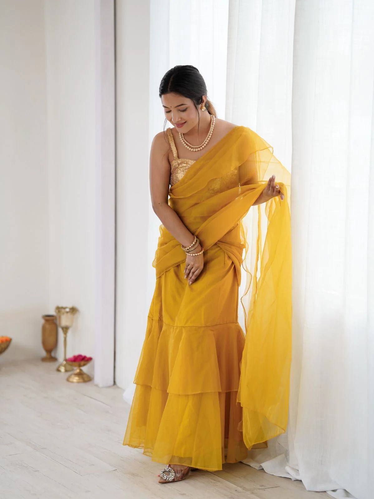 Odette Mustard Organza Designer Stitched Saree For Women - Image 4